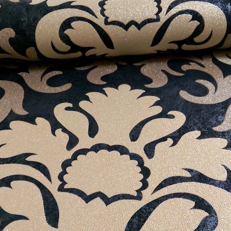 Koksgrå tapet med kobber damask - Køb tapet med store damask mønstre