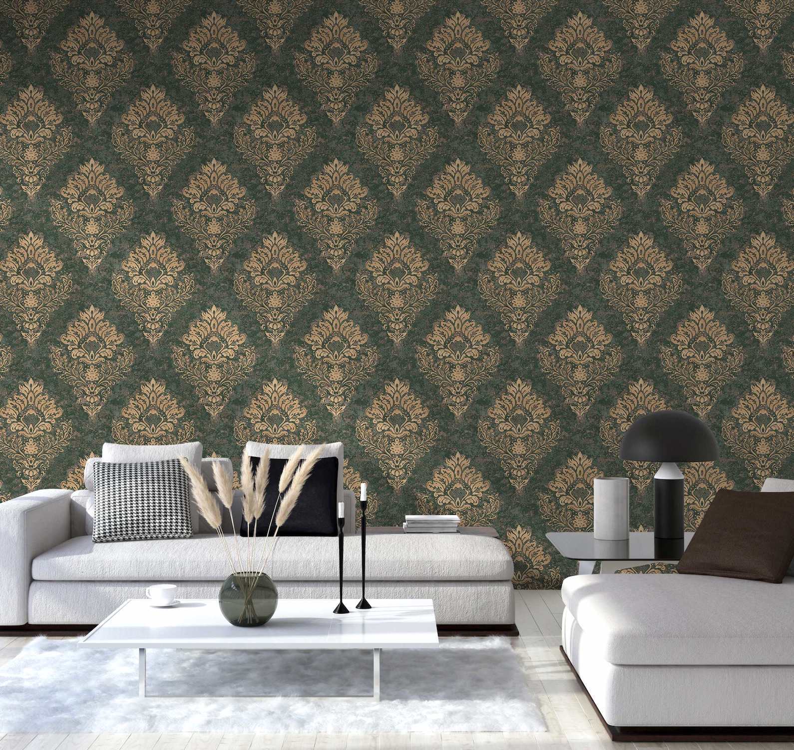 Grøn-brun tapet med stort beige barok mønster - Køb tapeter her 379011