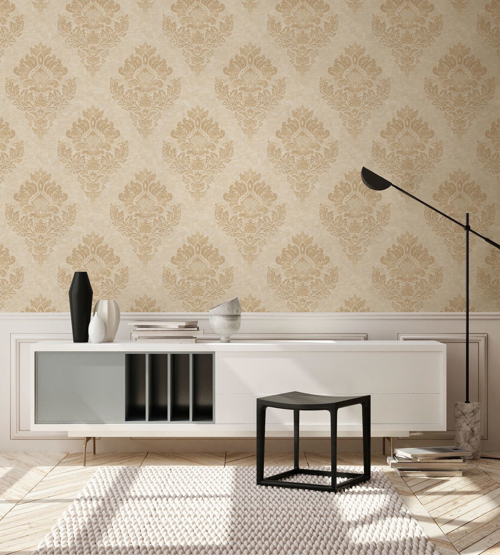 Beige-brun tapet med stort brunt barok mønster - Køb tapeter her 379013