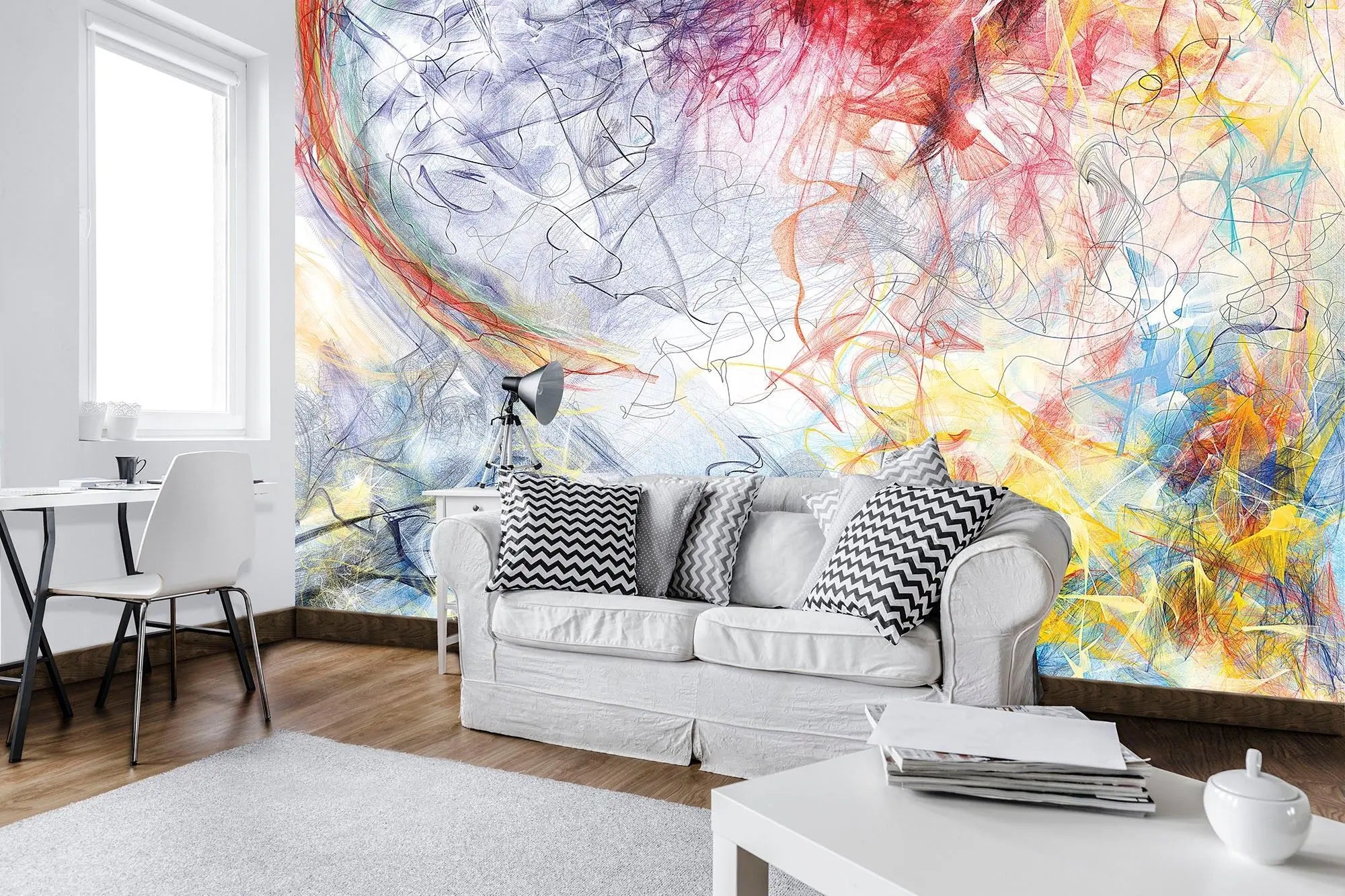 Billede 3 af Fototapet - Abstrakt farverig krusedullekunst med røde, blå, gule og grønne nuancer