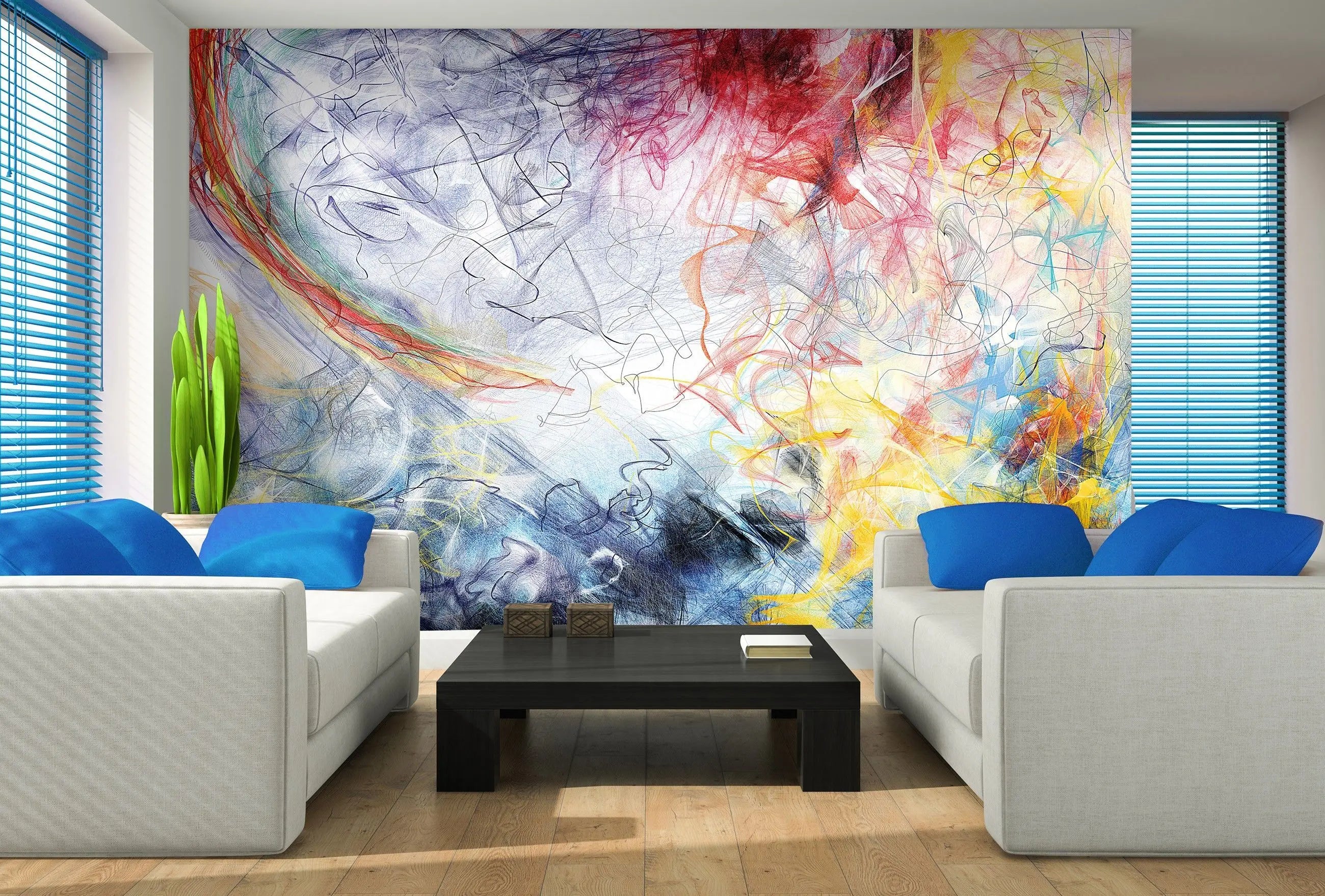 Billede 6 af Fototapet - Abstrakt farverig krusedullekunst med røde, blå, gule og grønne nuancer