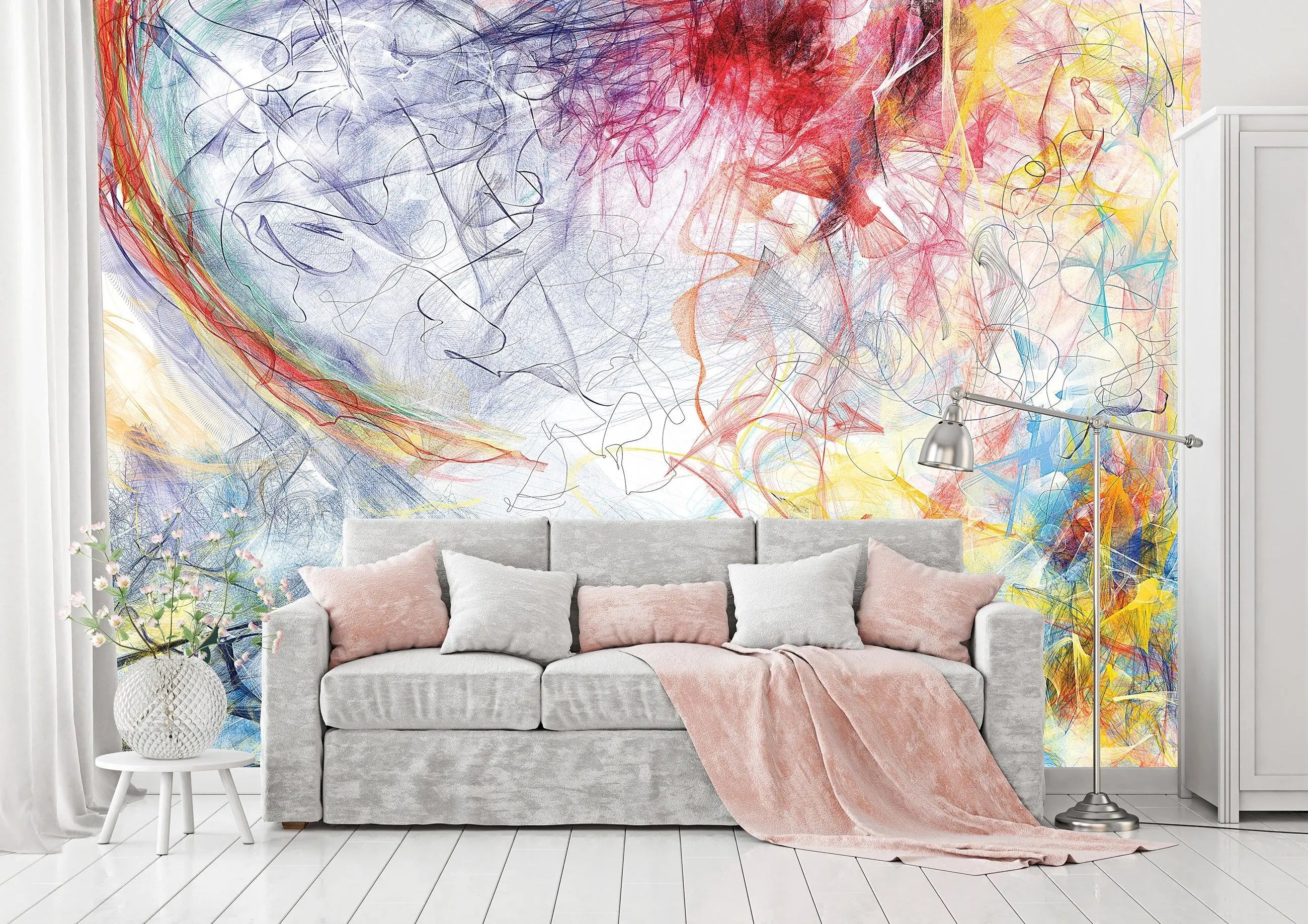 Billede 7 af Fototapet - Abstrakt farverig krusedullekunst med røde, blå, gule og grønne nuancer