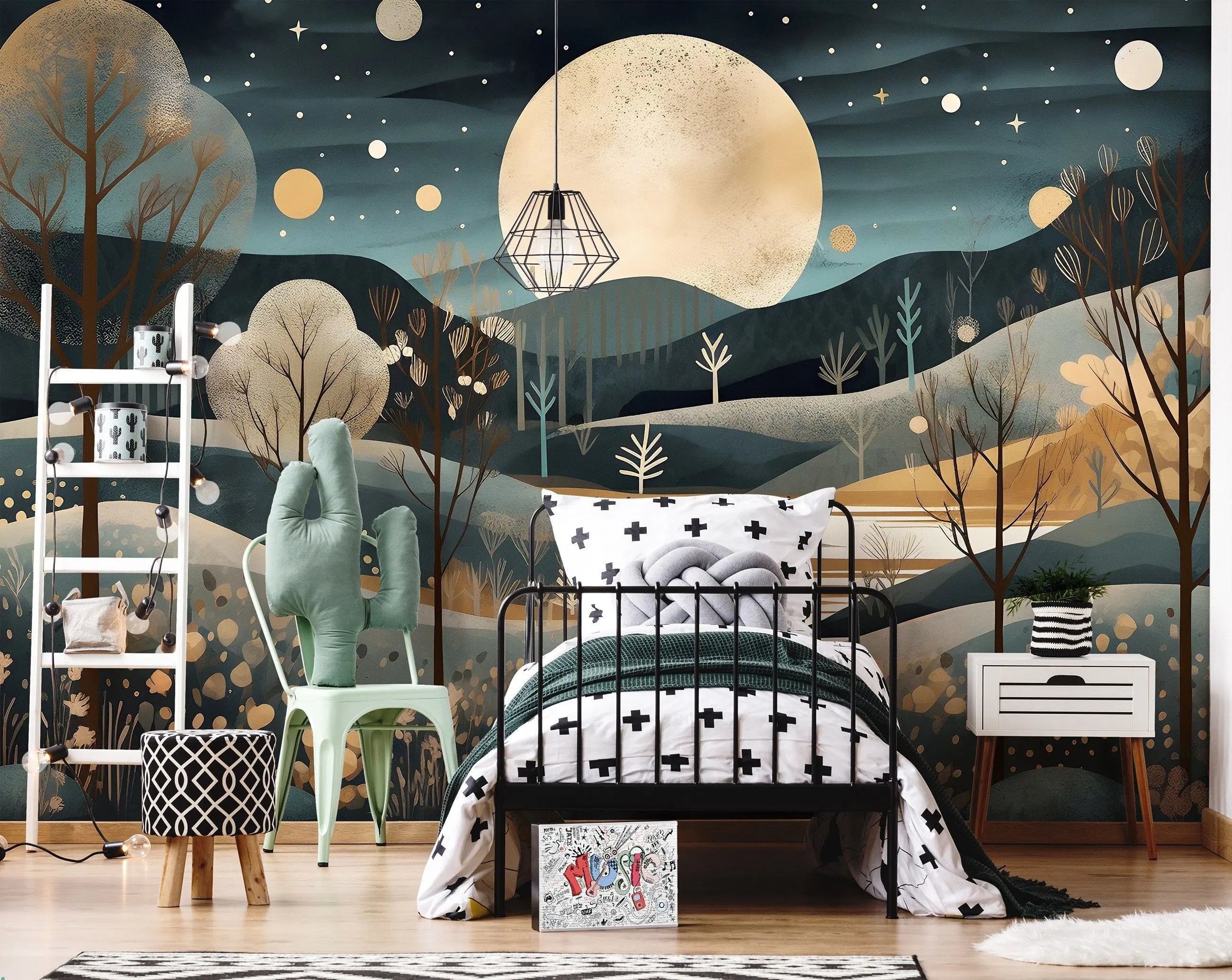 Billede 3 af Fototapet - Abstrakt landskab med stor måne og stjerner