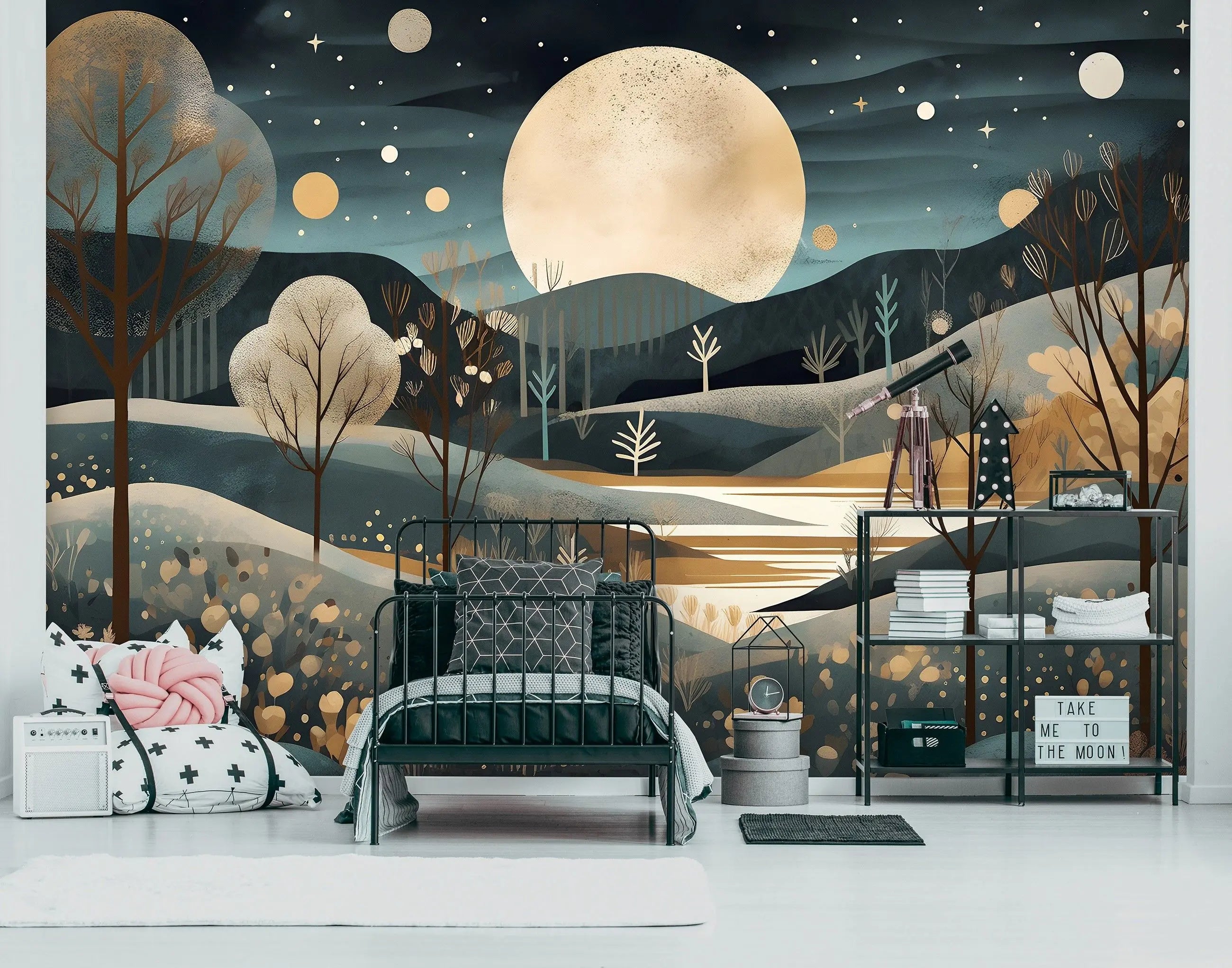 Billede 4 af Fototapet - Abstrakt landskab med stor måne og stjerner