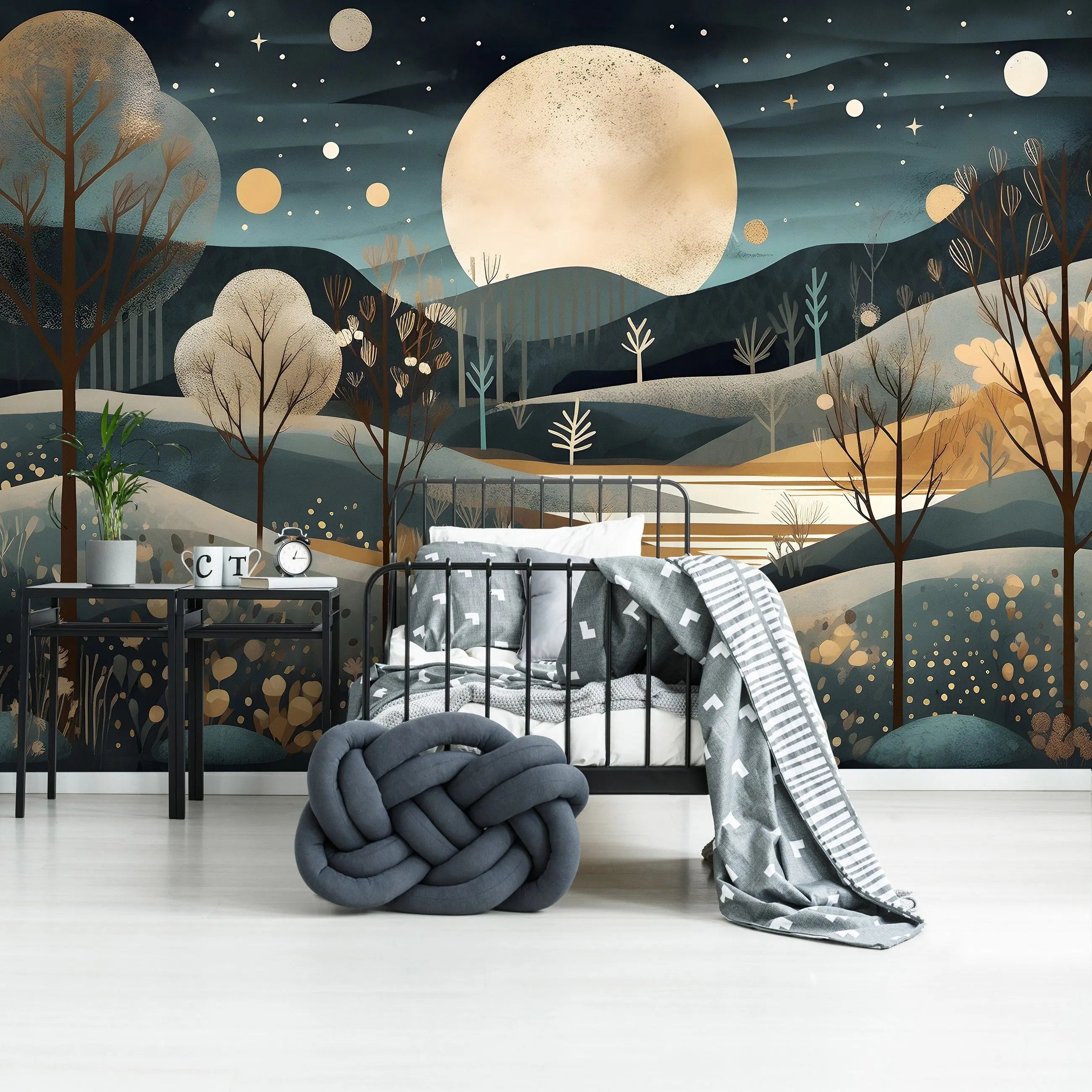 Billede 5 af Fototapet - Abstrakt landskab med stor måne og stjerner