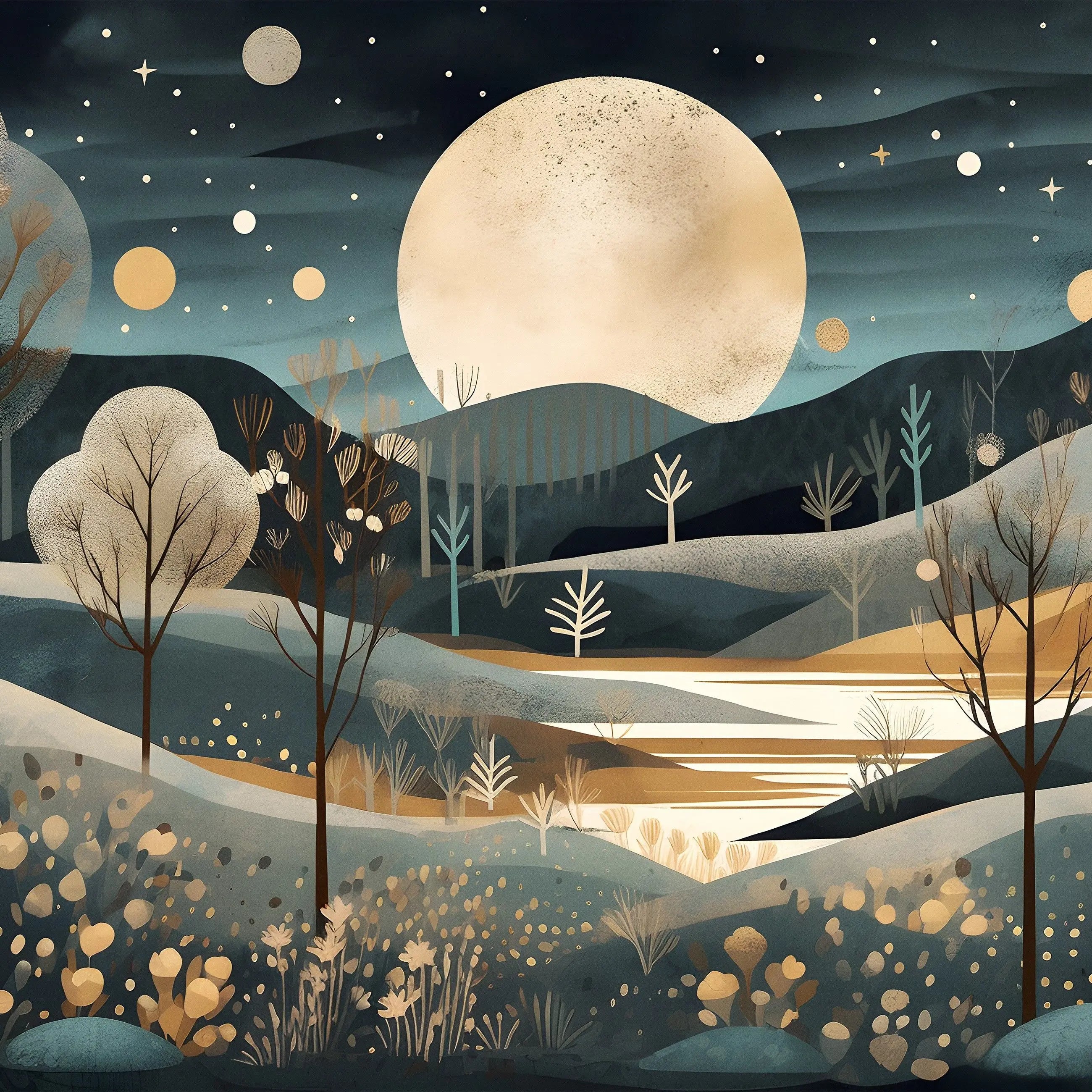 Billede 6 af Fototapet - Abstrakt landskab med stor måne og stjerner