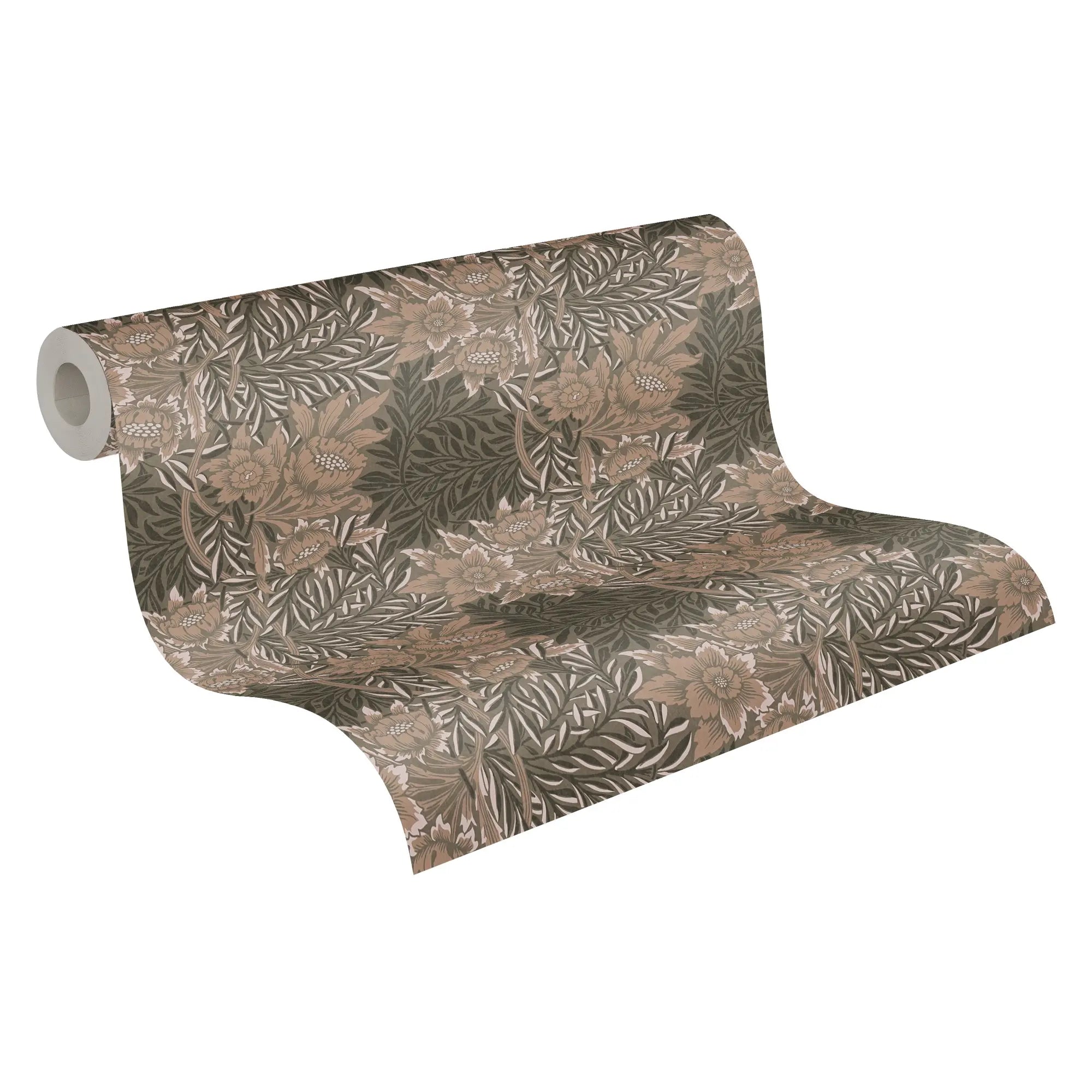 En rulle af Adam's Delight - Sepia tapet, der viser det elegante blomstermønster i sepia nuancer.
