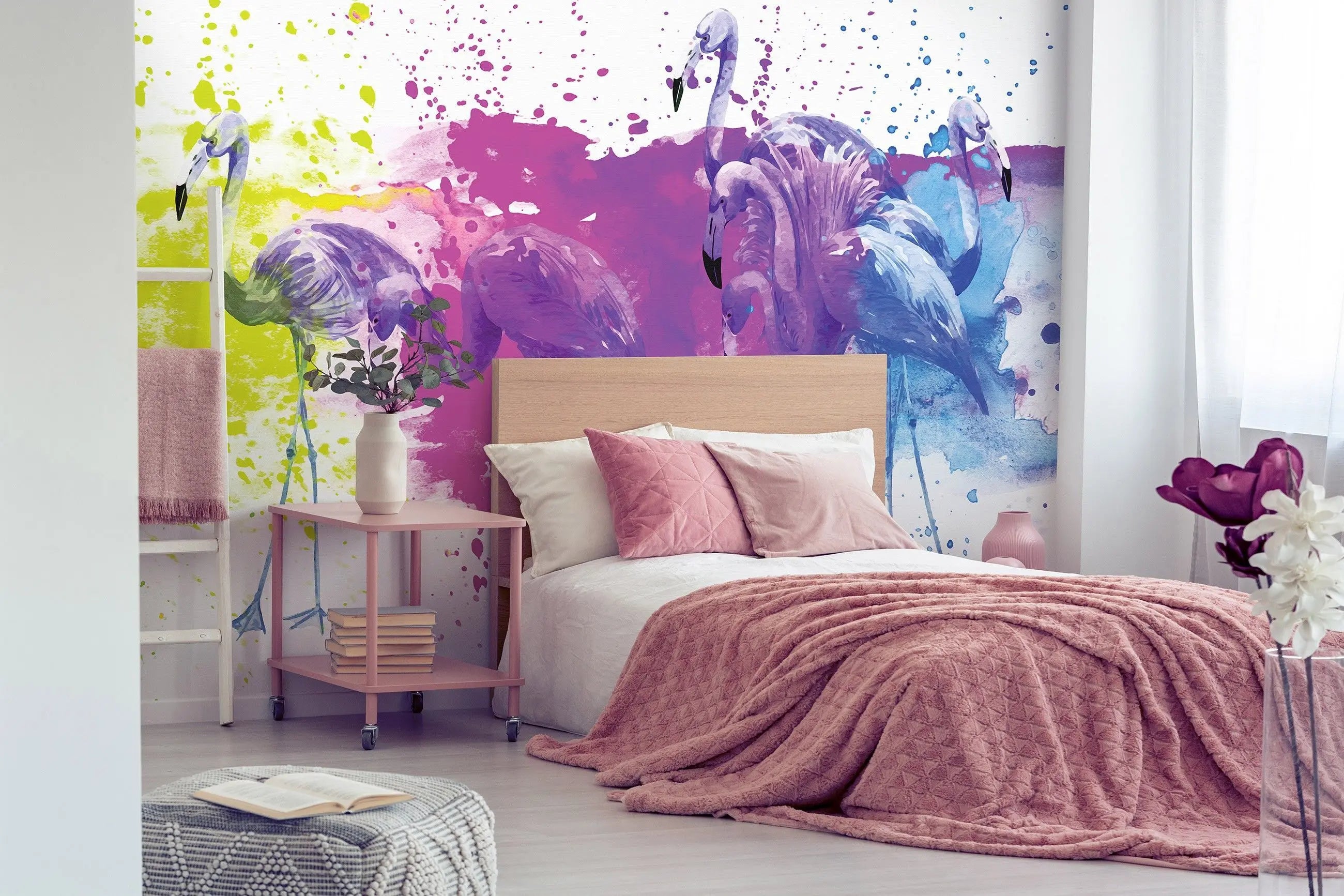 Billede 7 af Fototapet - Akvarel af flamingoer med farverige malingstænk