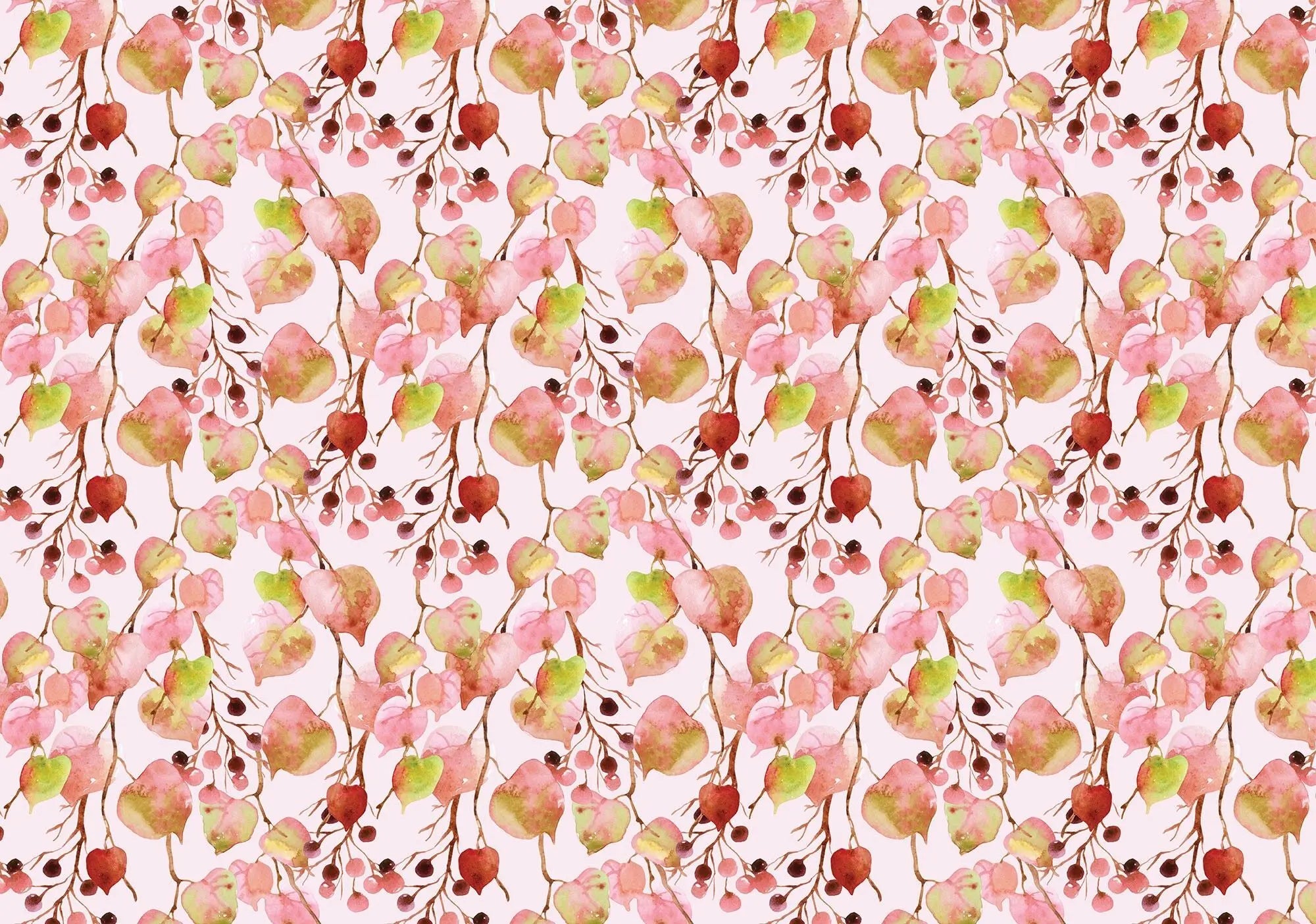 Billede 1 af Fototapet - Akvarel mønster med lyserøde og grønne blade samt røde bær