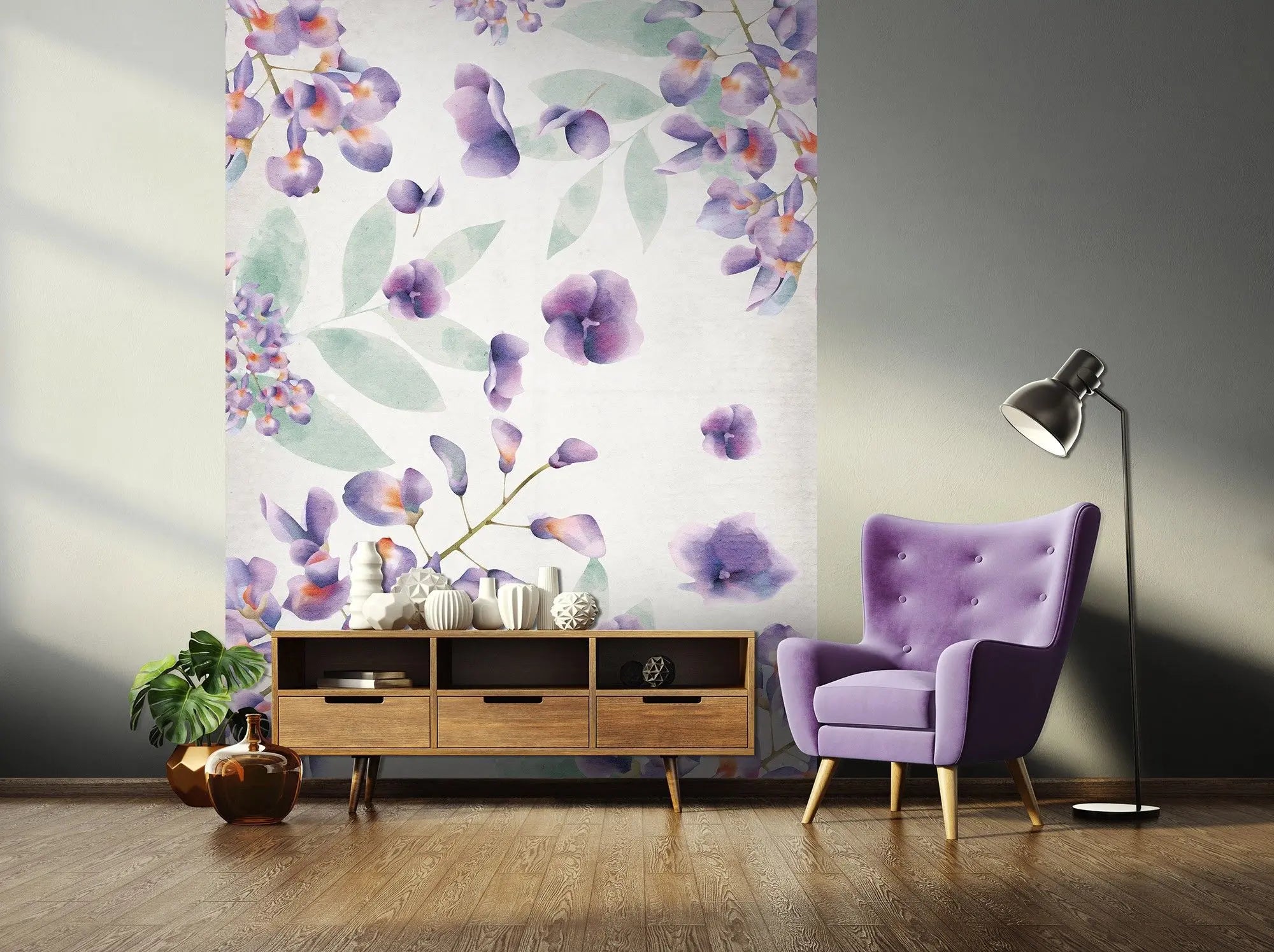 Billede 7 af Fototapet - Akvarelillustration af lilla blomster med grønne blade