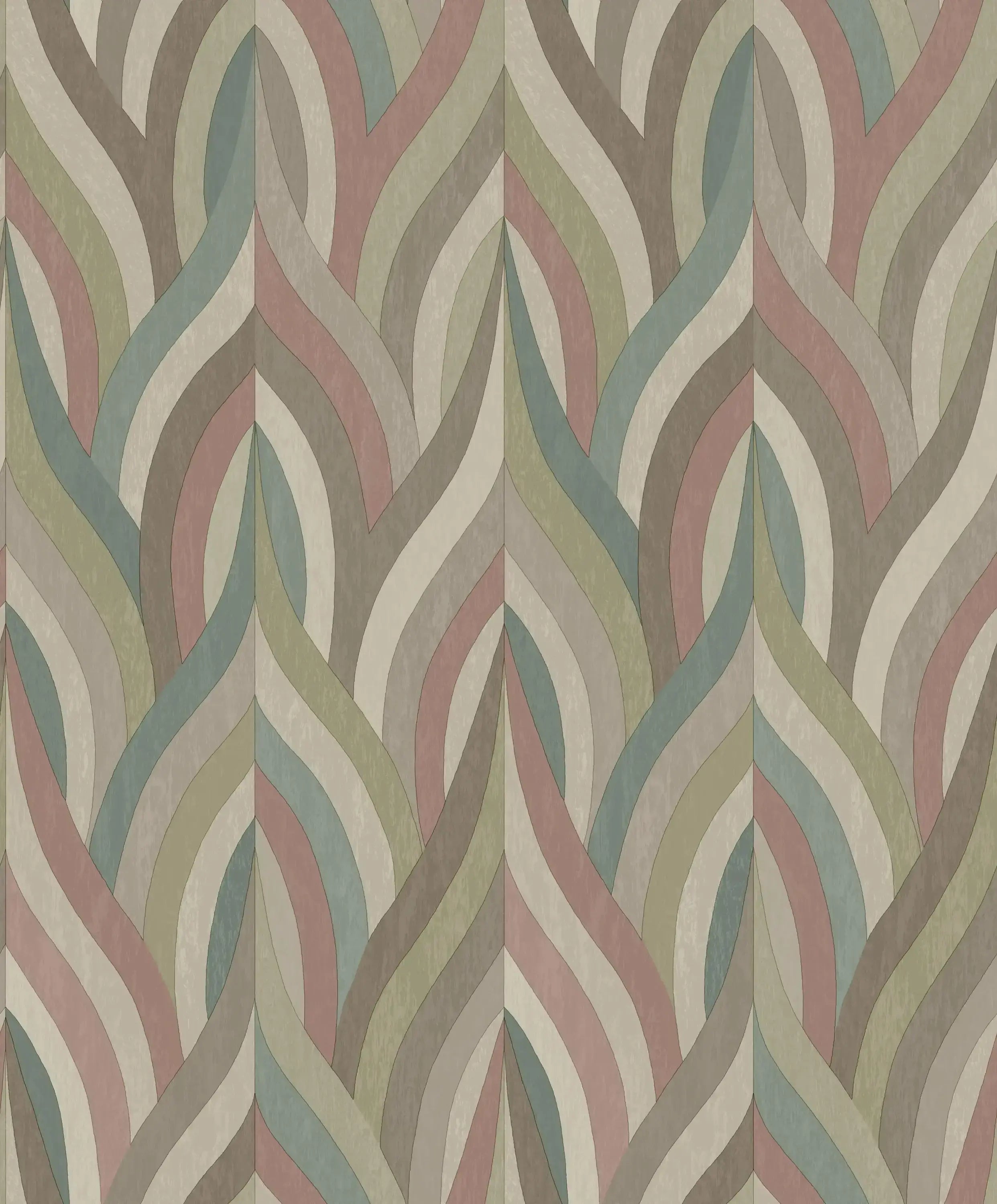 Billede af Arabesque - Red Teal tapet med et bølgende, flerfarvet mønster i nuancer af rødt, grønt, og teal.