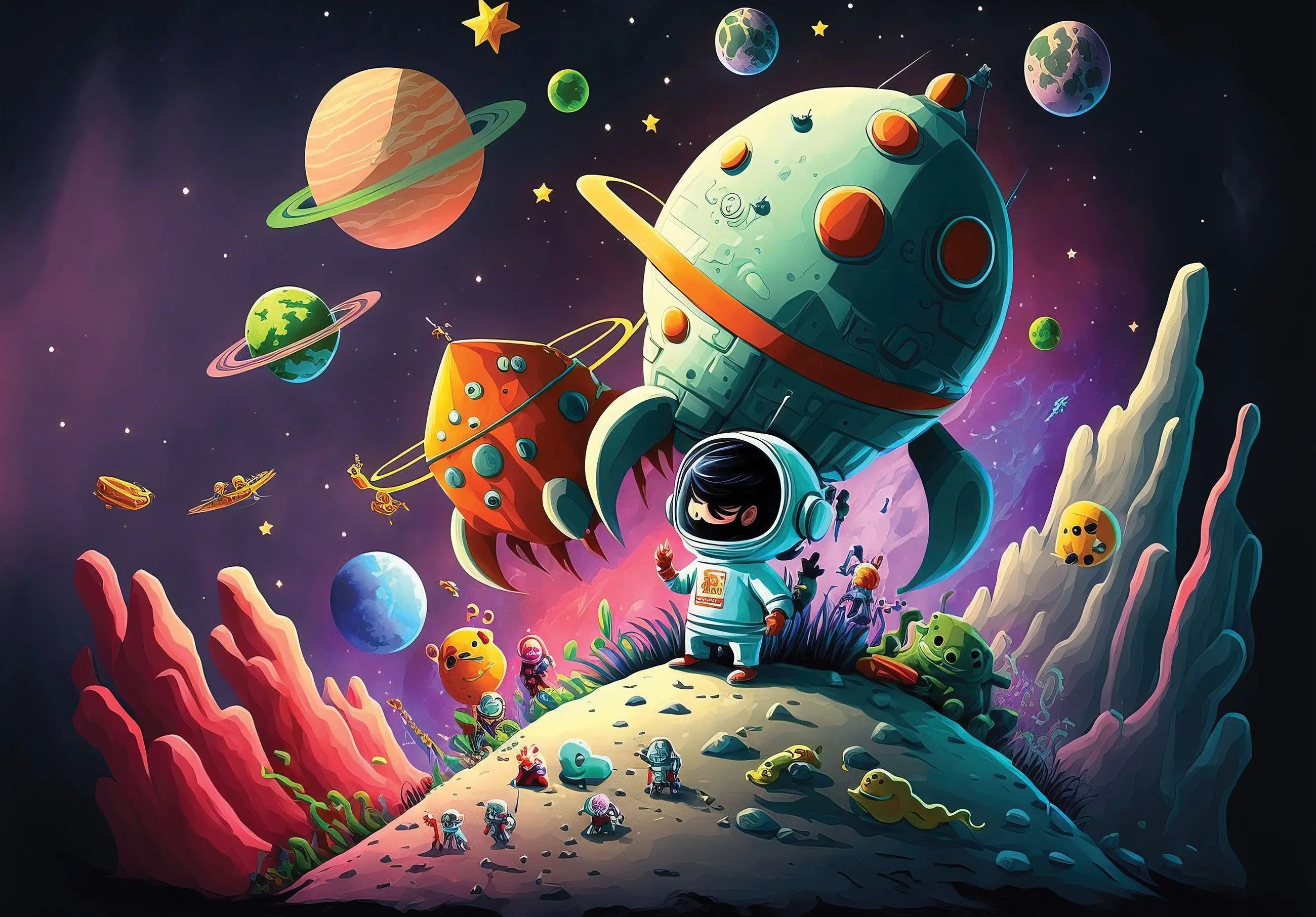 Billede 2 af Fototapet - Astronaut på farverig planet med rumskibe og planeter