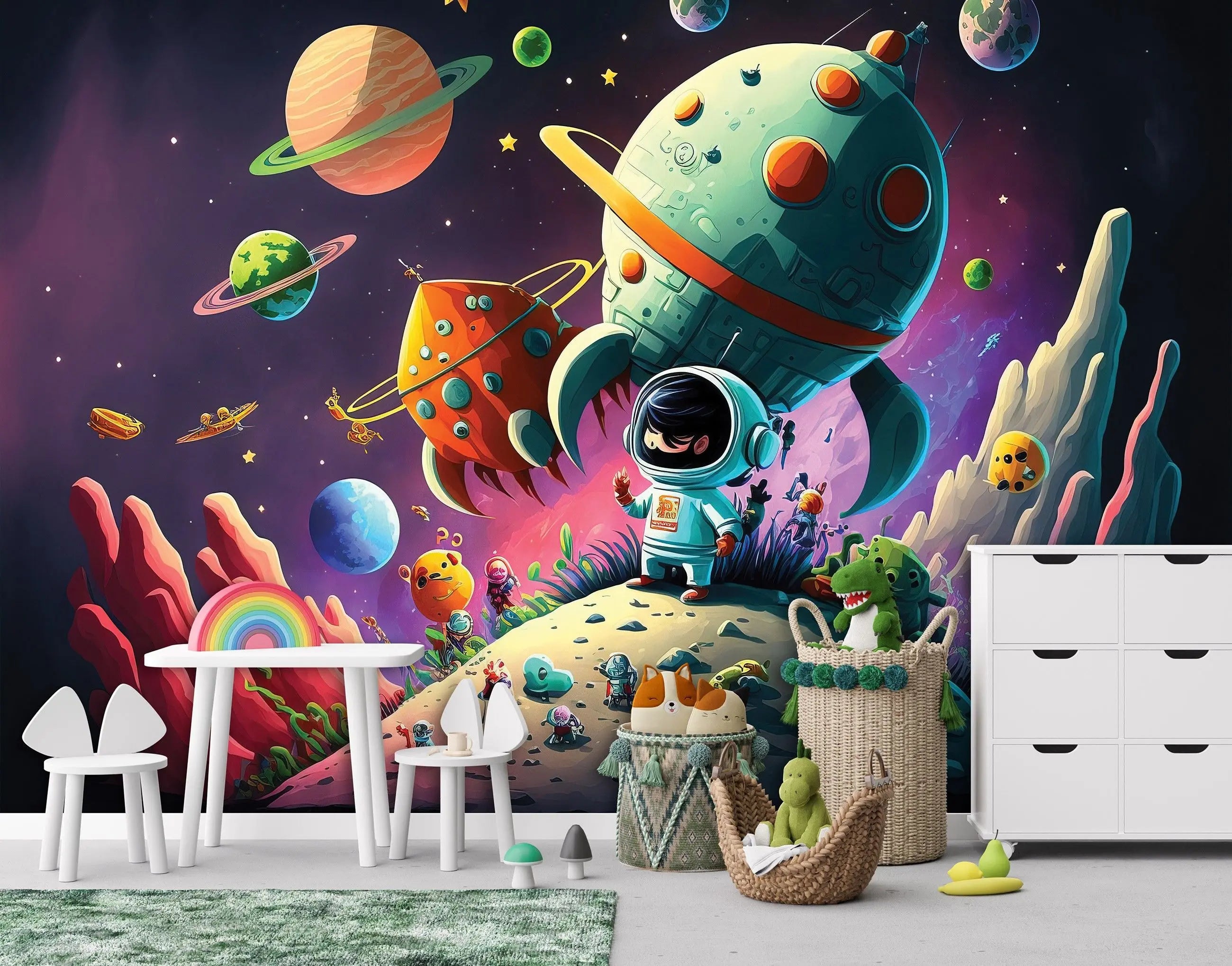 Billede 4 af Fototapet - Astronaut på farverig planet med rumskibe og planeter