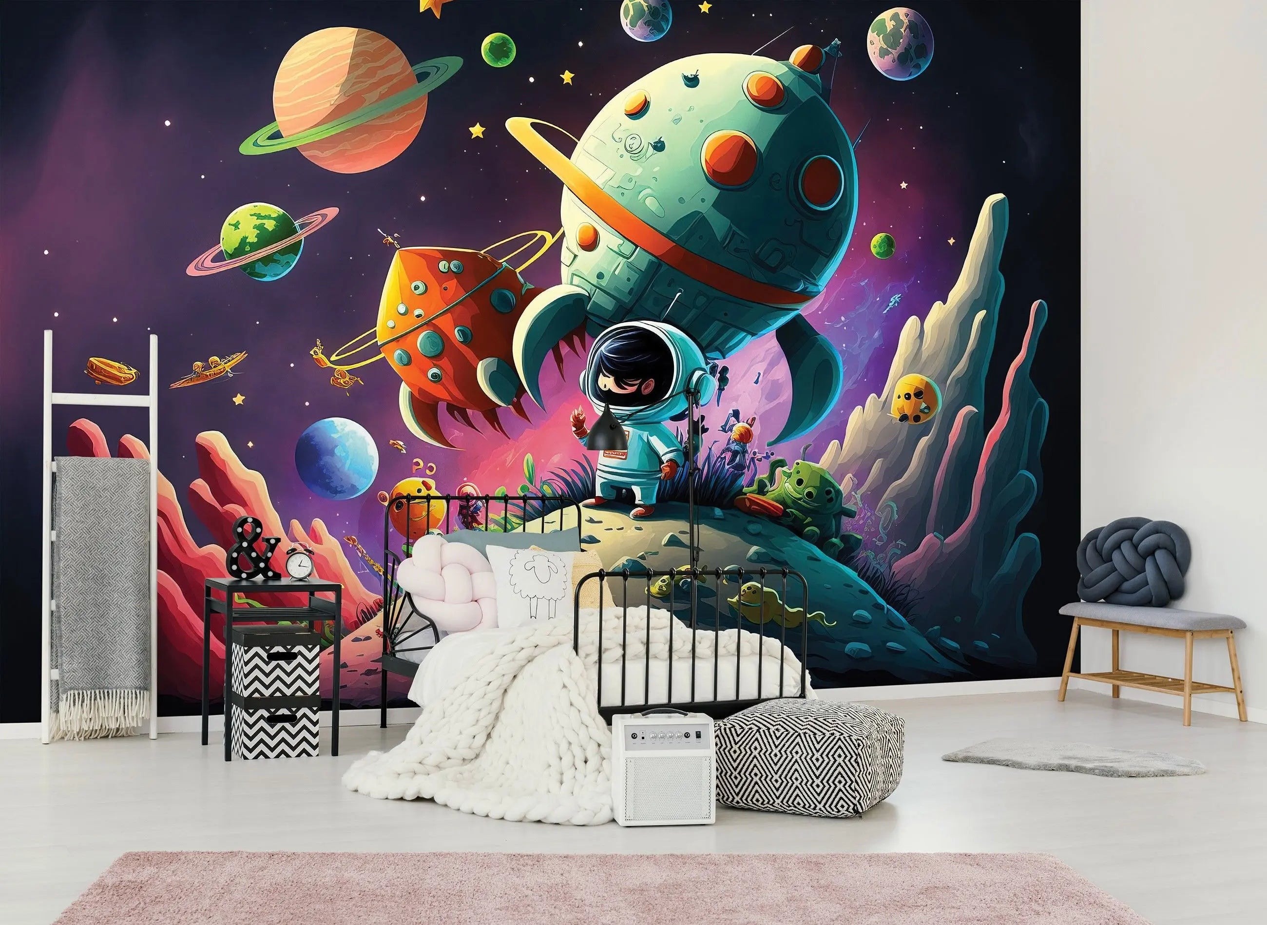 Billede 5 af Fototapet - Astronaut på farverig planet med rumskibe og planeter