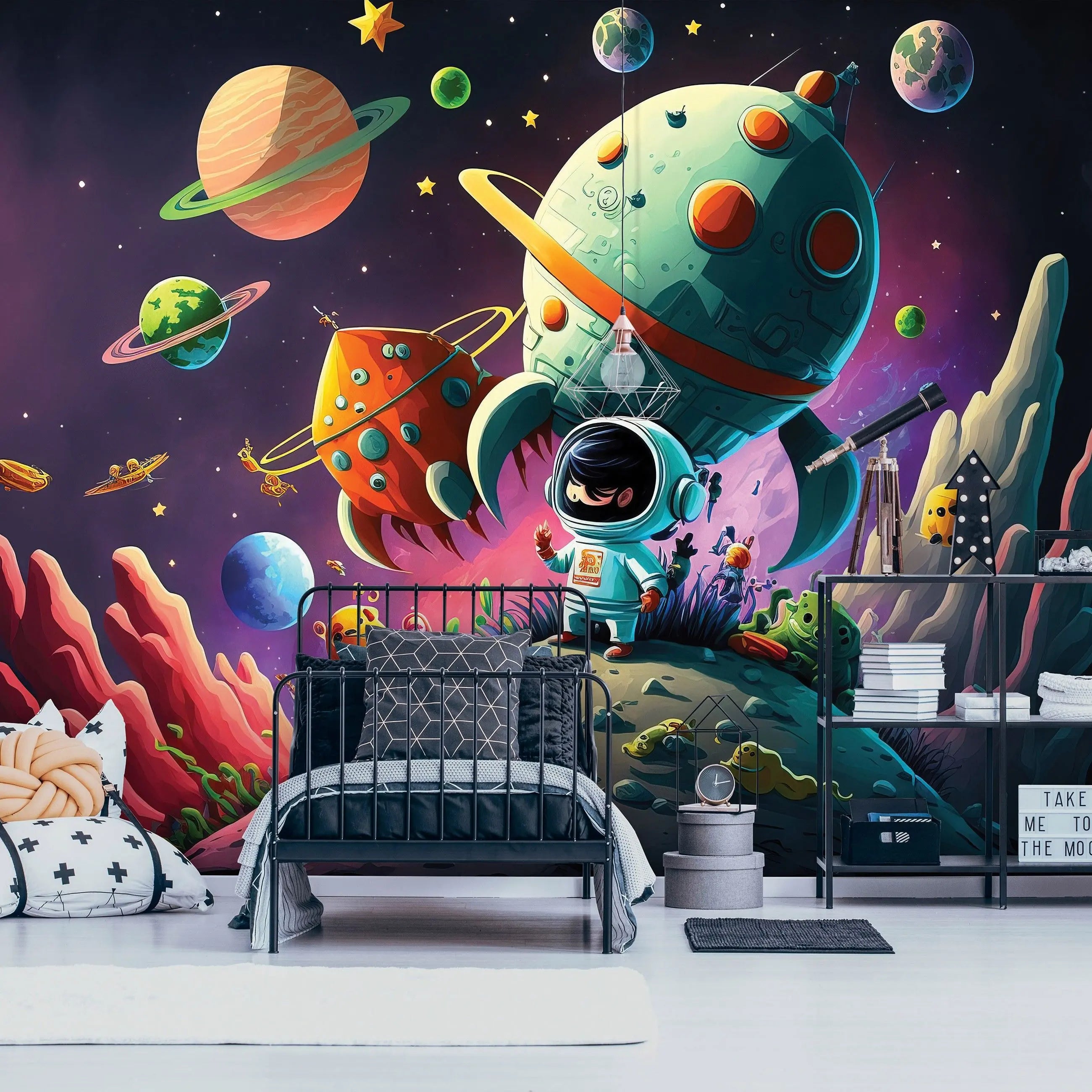 Billede 6 af Fototapet - Astronaut på farverig planet med rumskibe og planeter