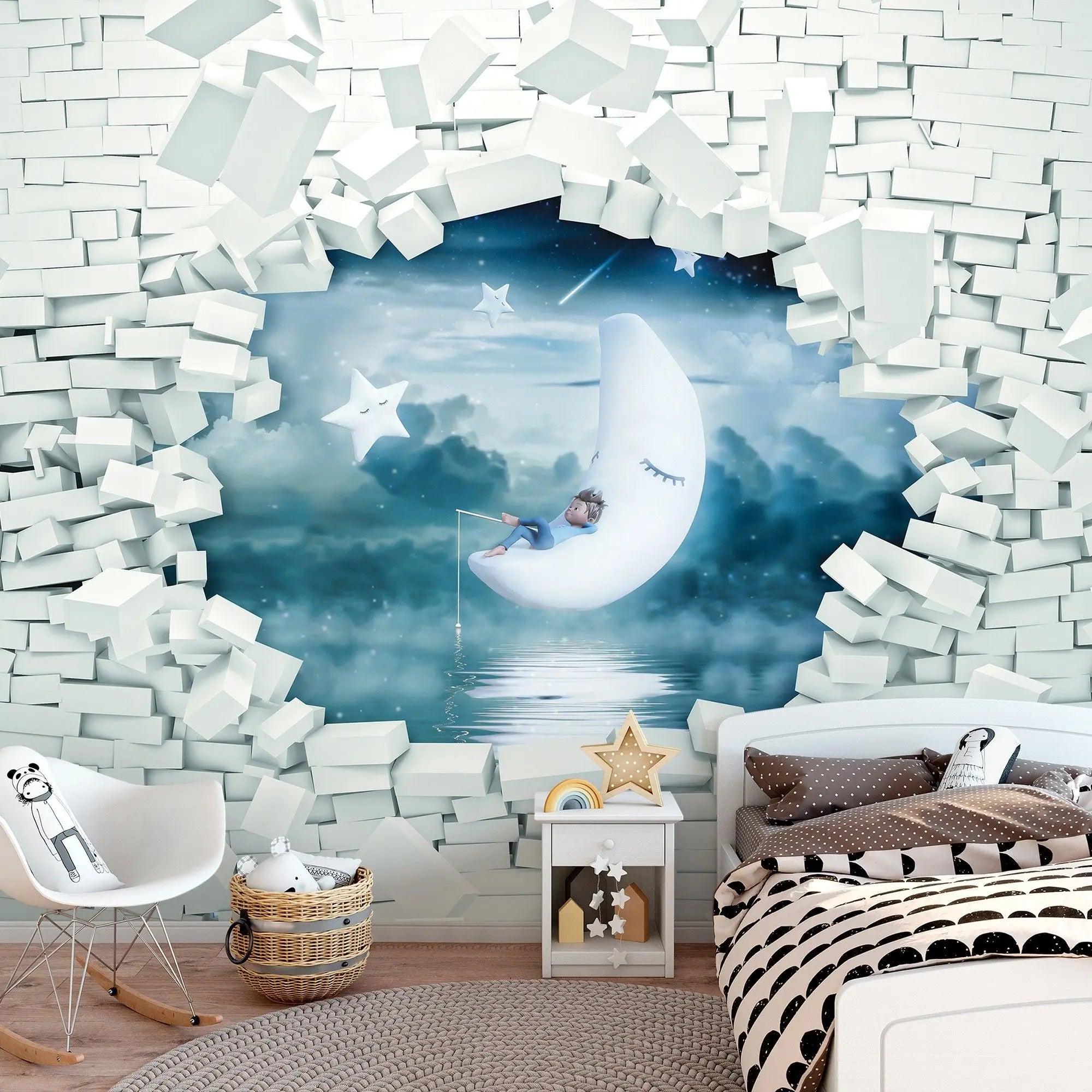 Billede 3 af Fototapet - Barn på halvmåne blandt skyer og stjerner set gennem brudt væg