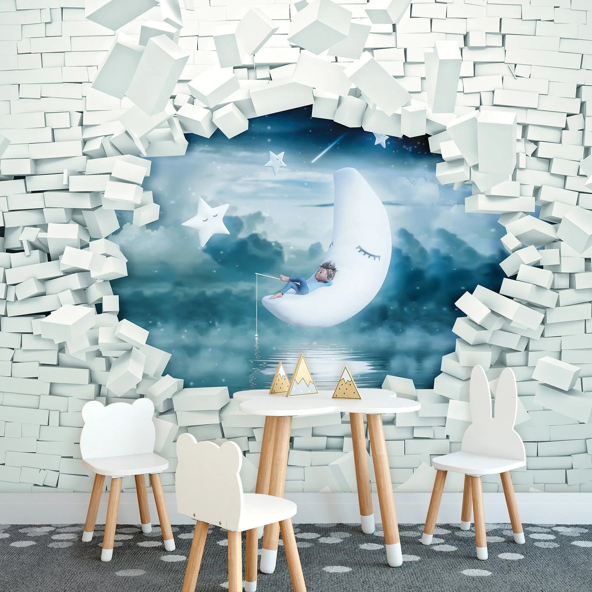 Billede 4 af Fototapet - Barn på halvmåne blandt skyer og stjerner set gennem brudt væg