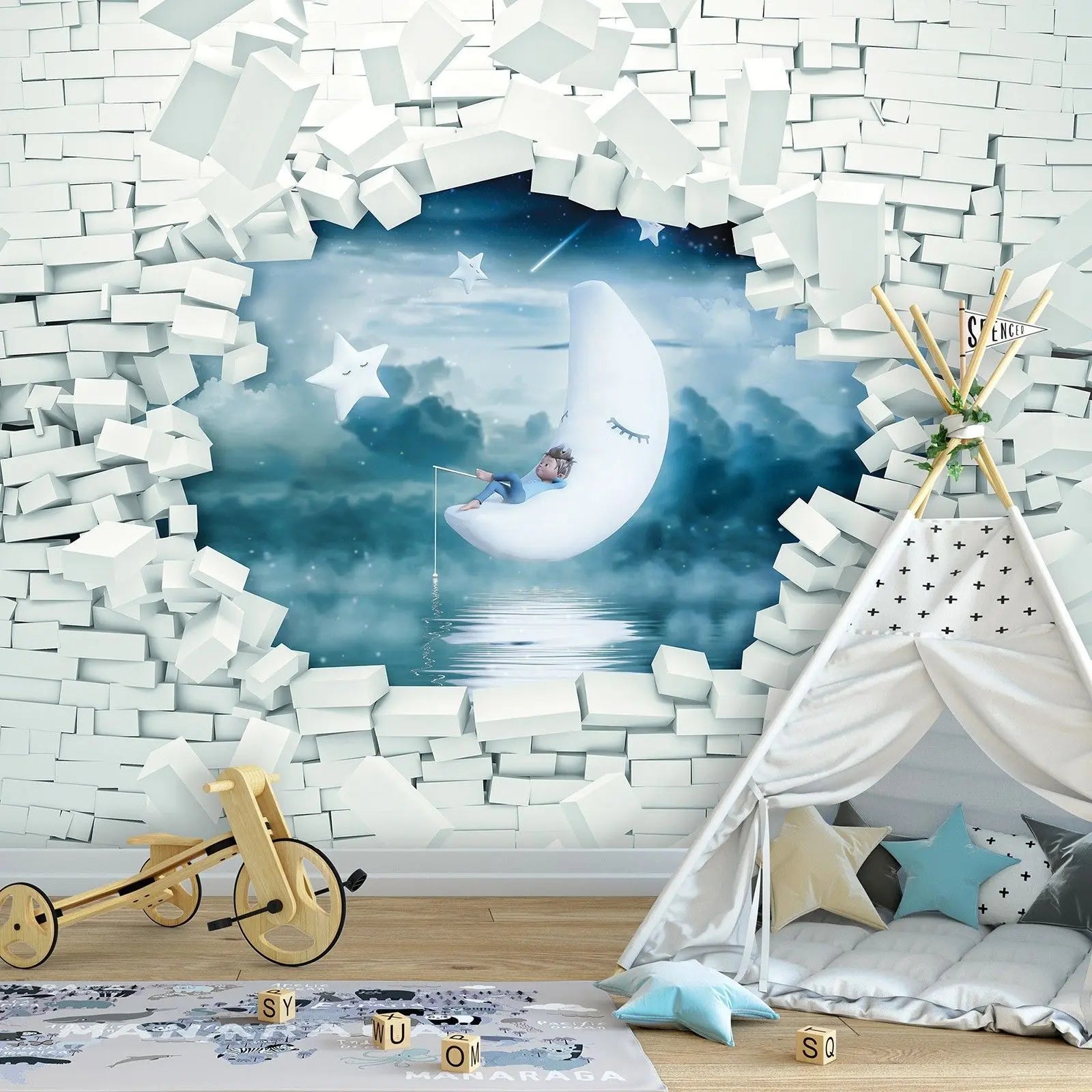 Billede 6 af Fototapet - Barn på halvmåne blandt skyer og stjerner set gennem brudt væg