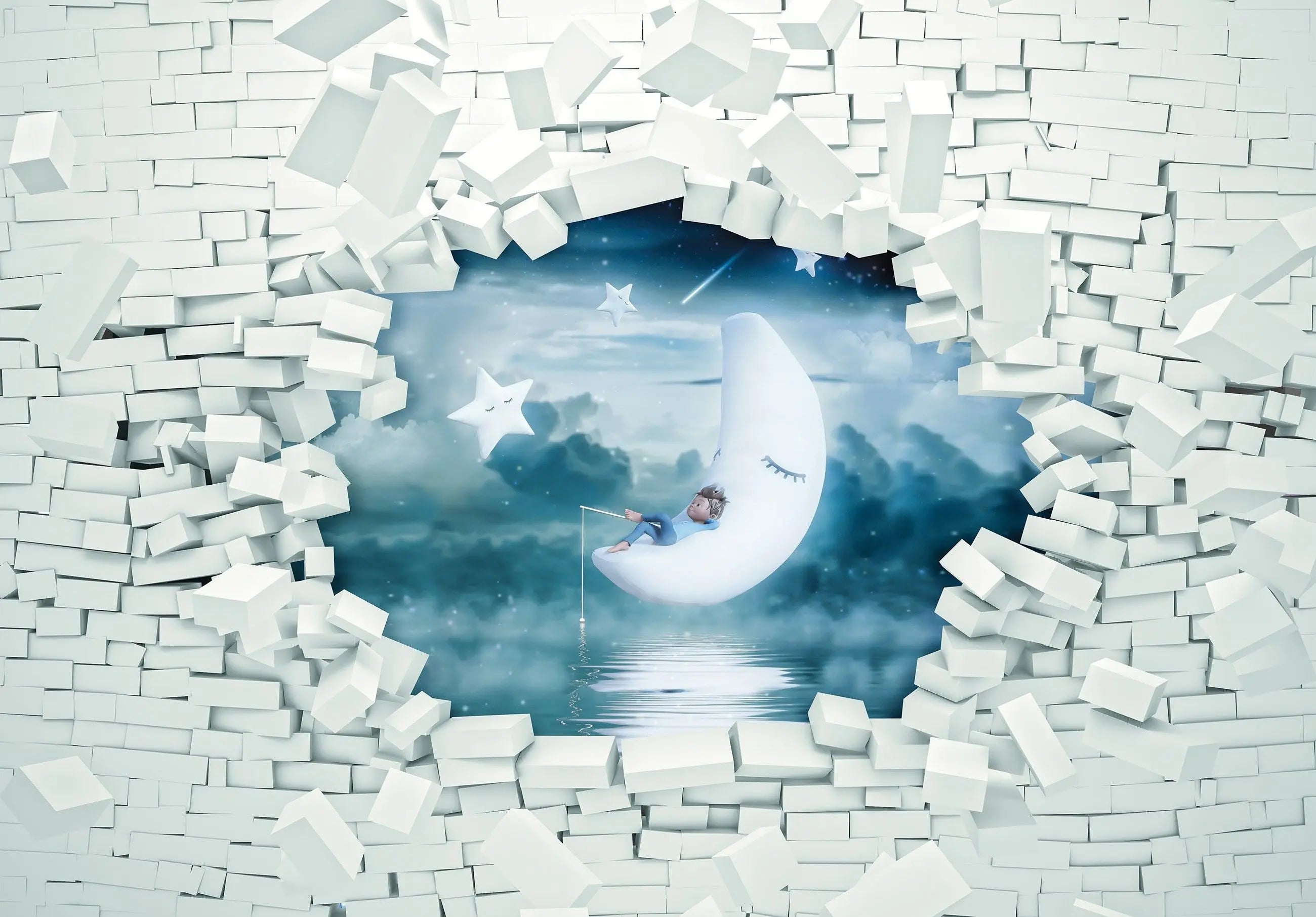 Billede 7 af Fototapet - Barn på halvmåne blandt skyer og stjerner set gennem brudt væg