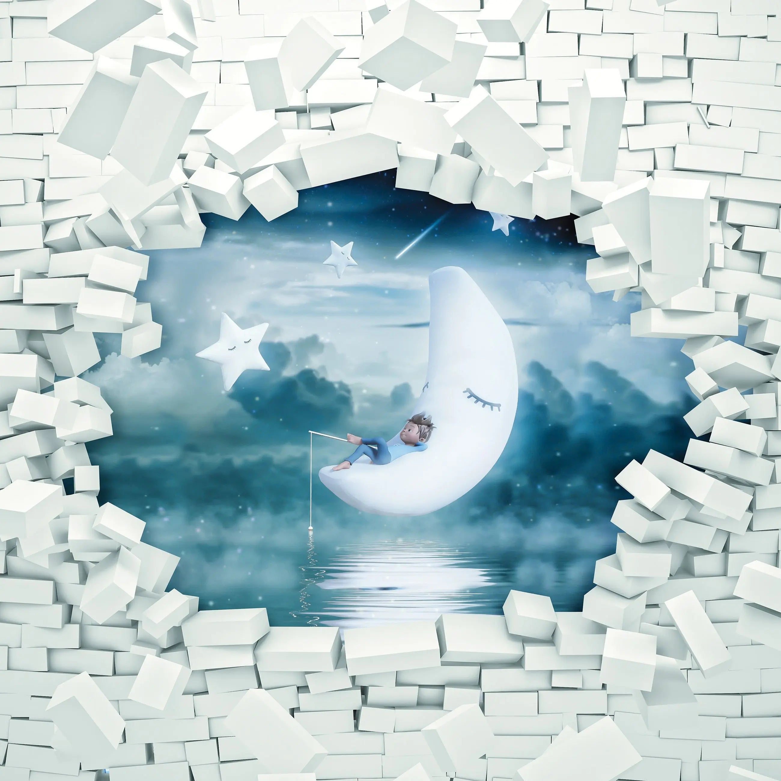 Billede 9 af Fototapet - Barn på halvmåne blandt skyer og stjerner set gennem brudt væg