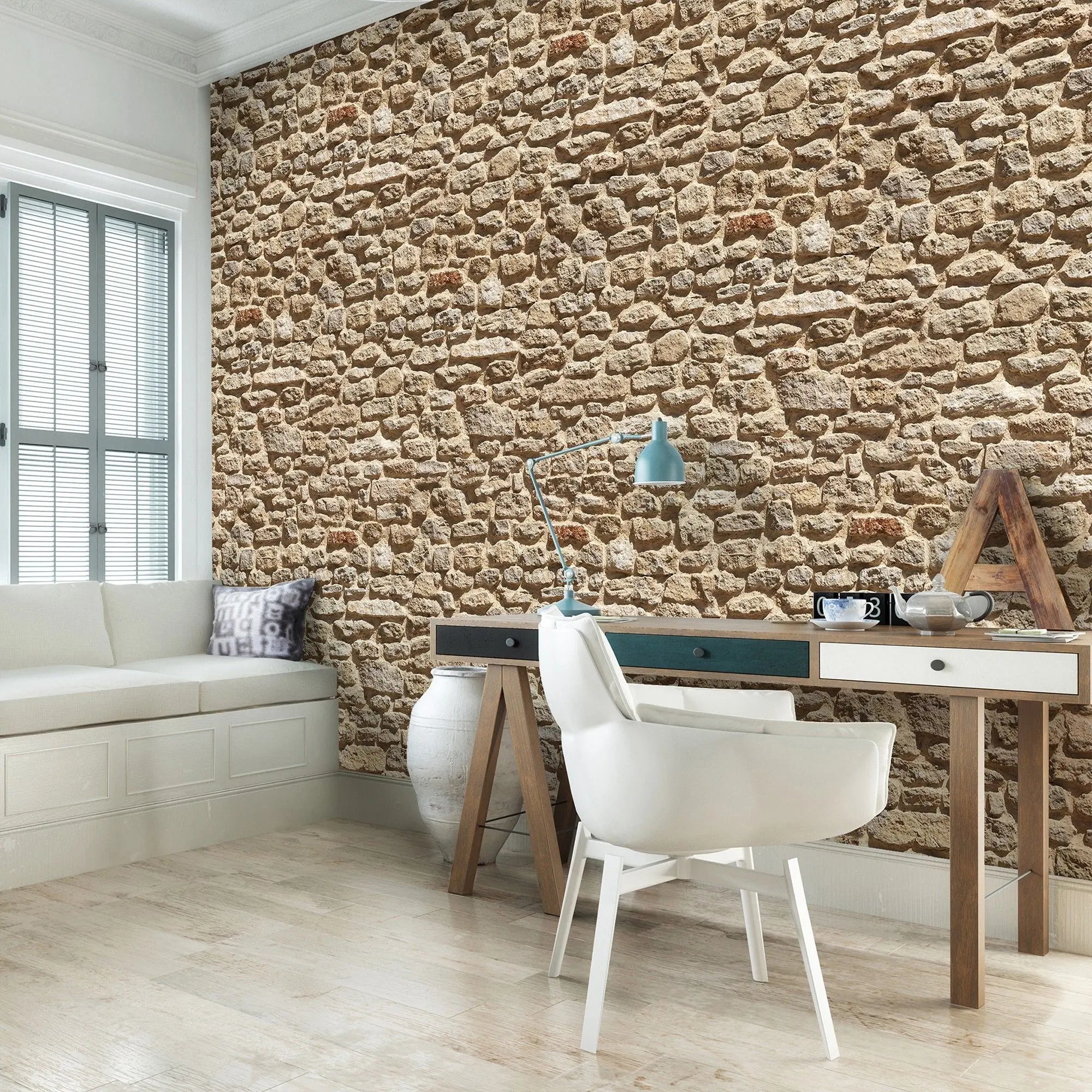 Billede 3 af Fototapet - Beige kalkstensmur med ujævn overflade