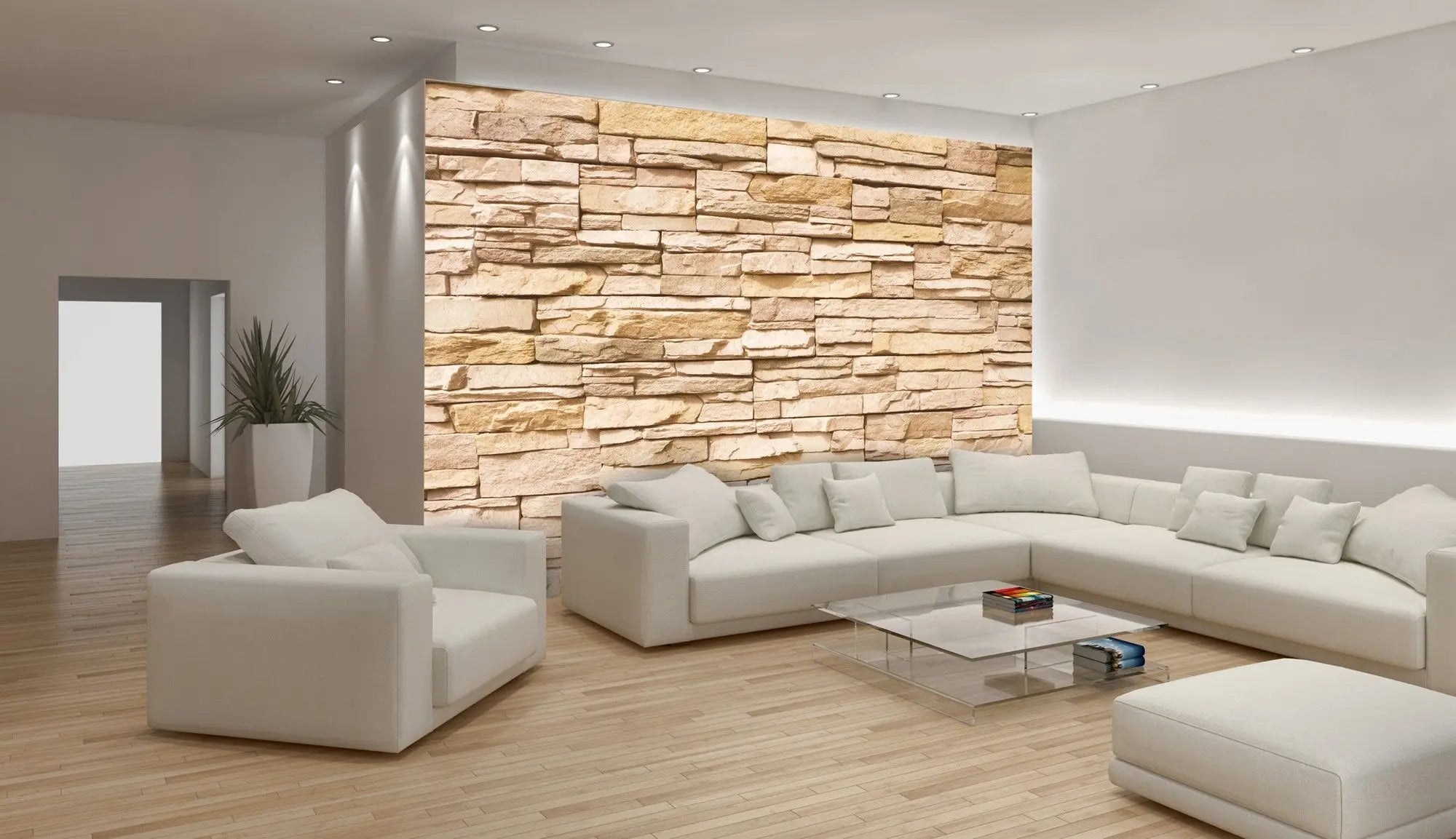 Billede 2 af Fototapet - Beige stenmur med små blokke