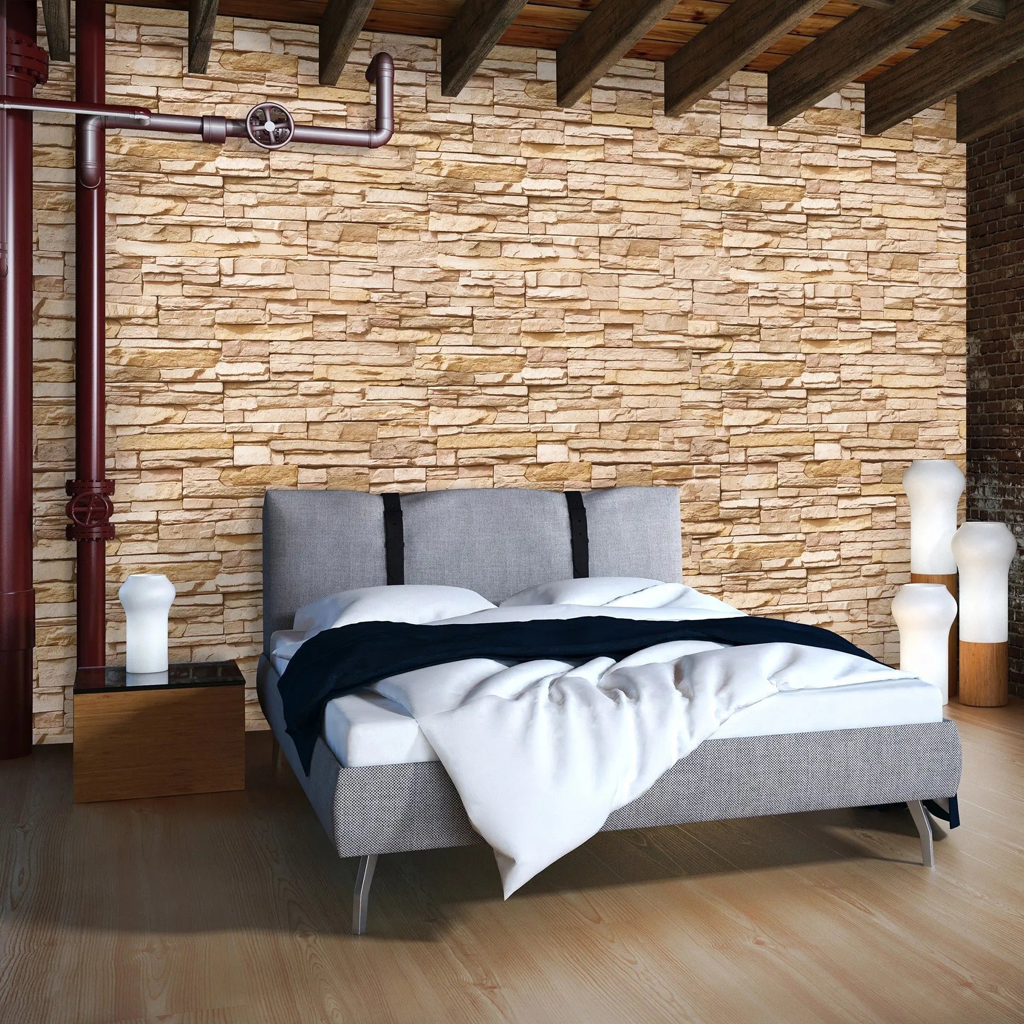 Billede 3 af Fototapet - Beige stenmur med små blokke