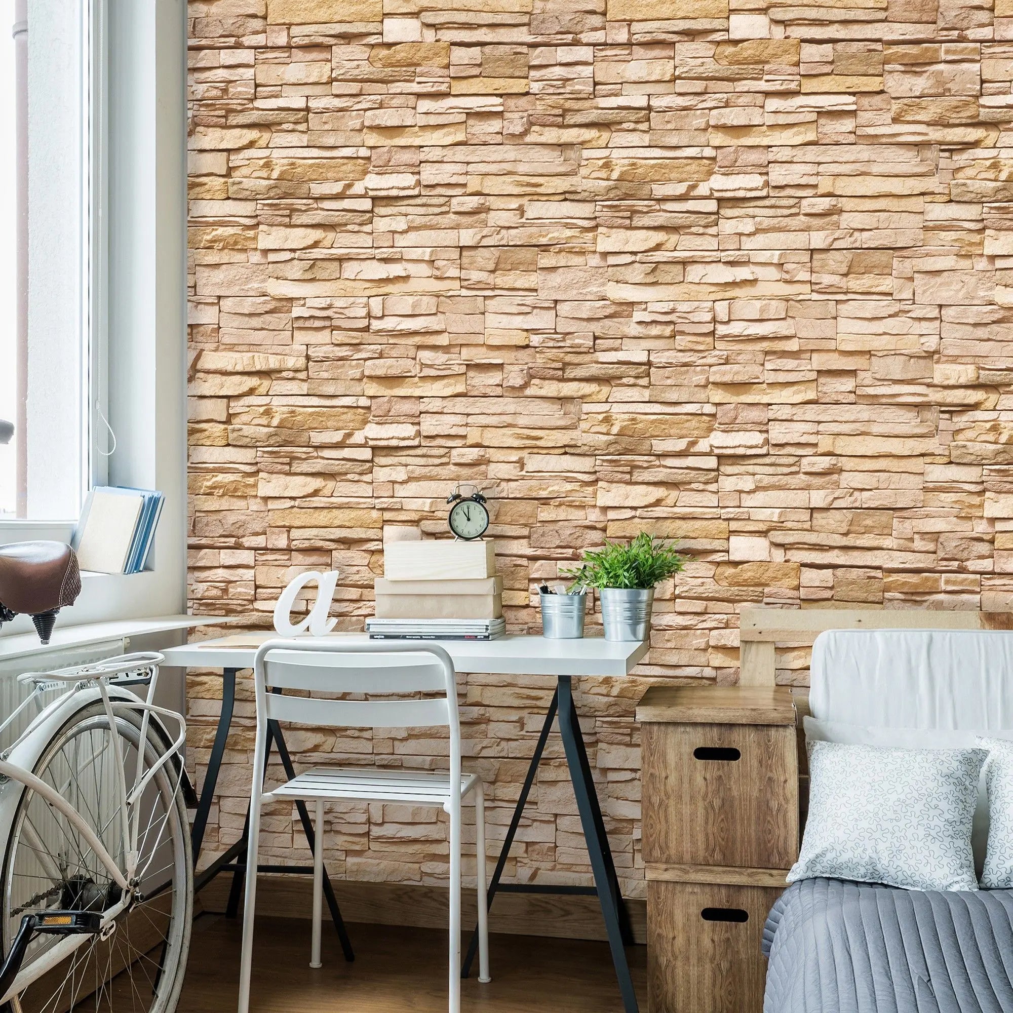 Billede 4 af Fototapet - Beige stenmur med små blokke