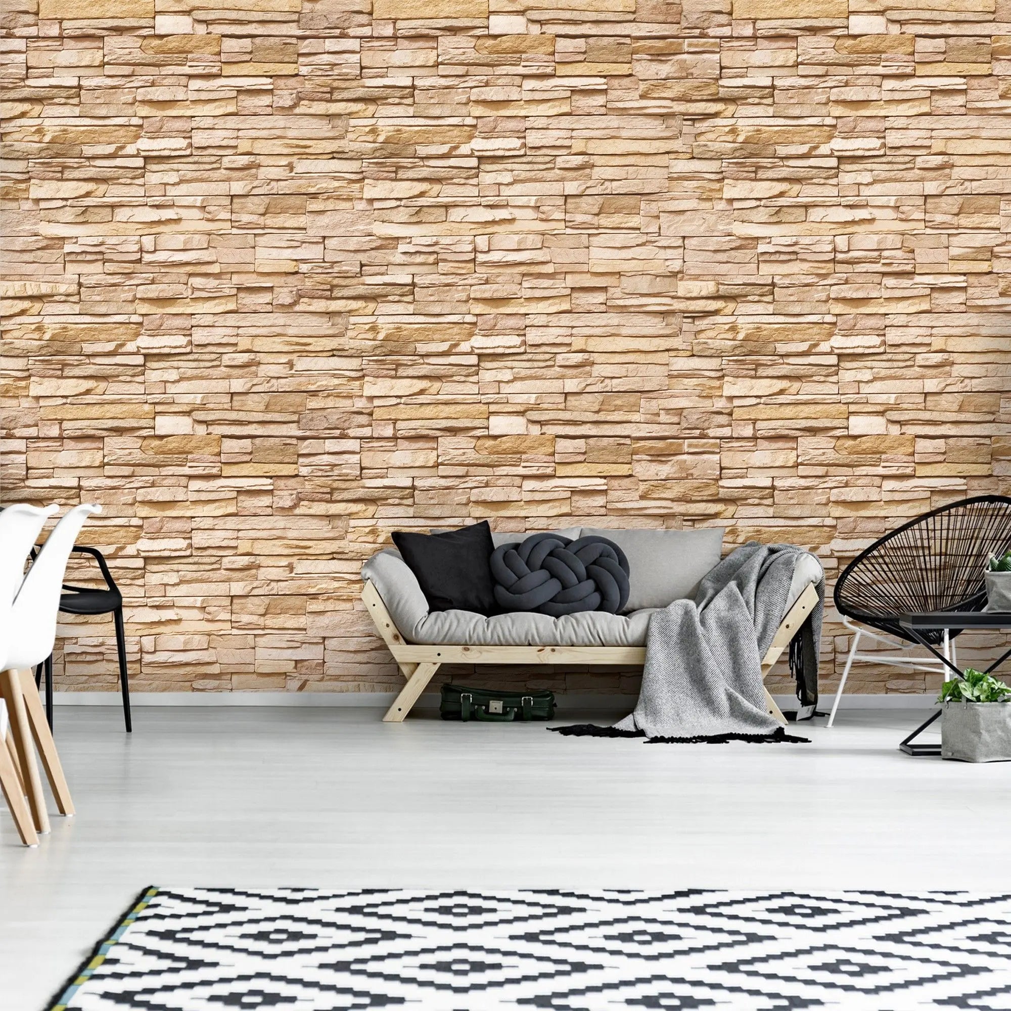 Billede 5 af Fototapet - Beige stenmur med små blokke