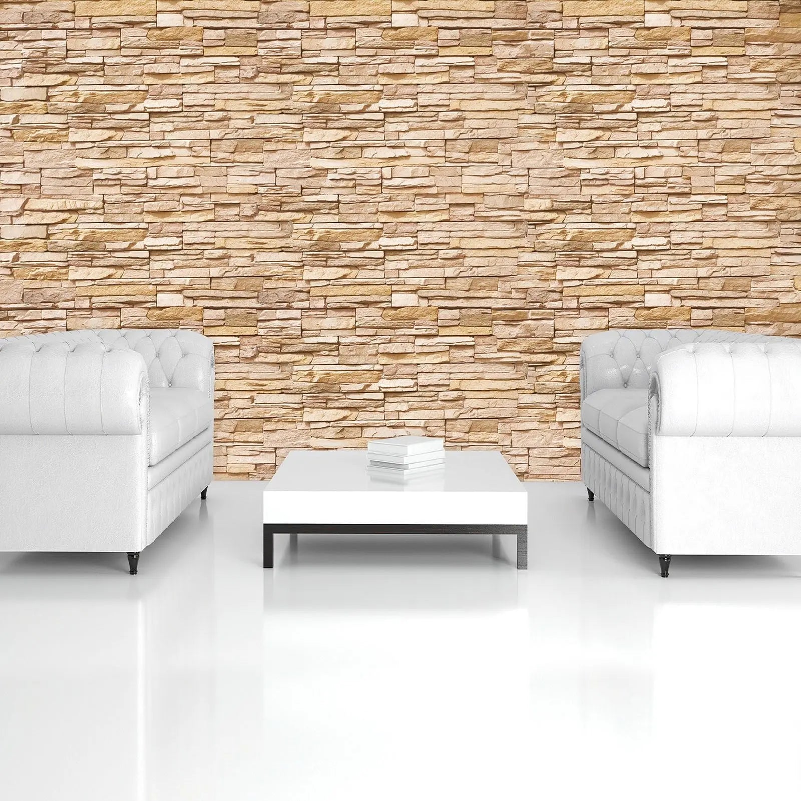 Billede 6 af Fototapet - Beige stenmur med små blokke