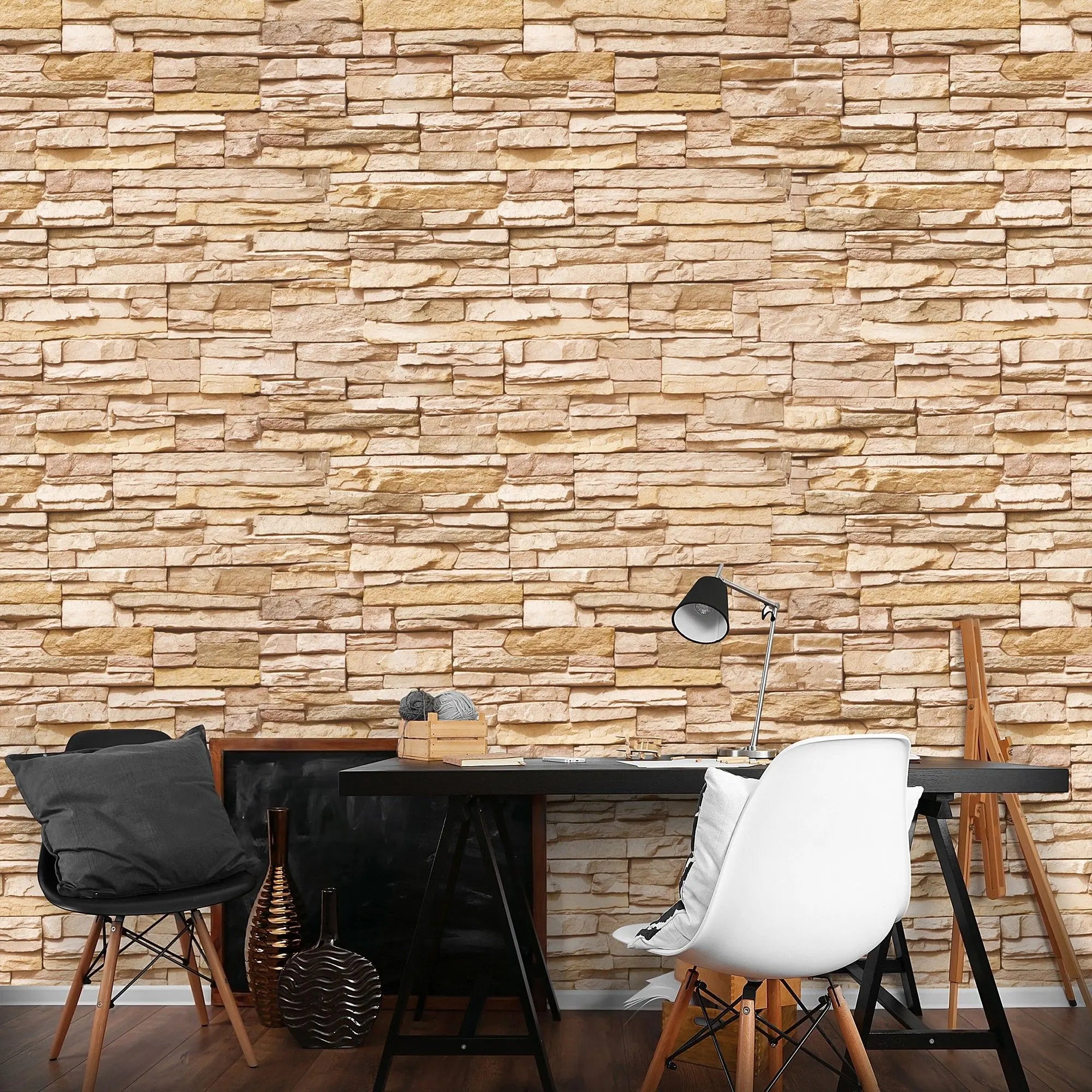 Billede 7 af Fototapet - Beige stenmur med små blokke