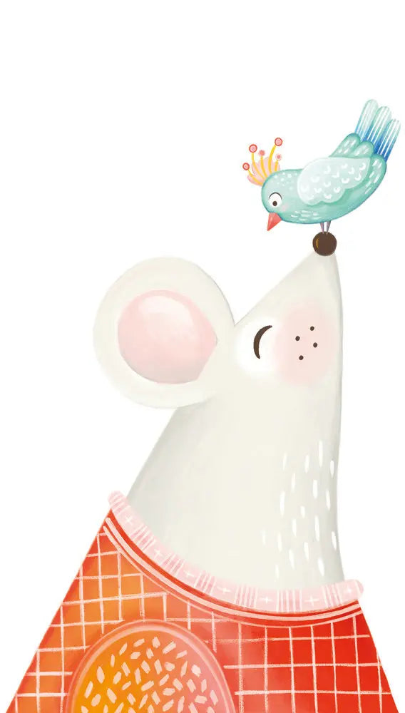 Illustration af en mus iført rødternet trøje, der kigger op på en lille fugl med krone siddende på dens snude. Produktnavn: Best Friends Tapet.
