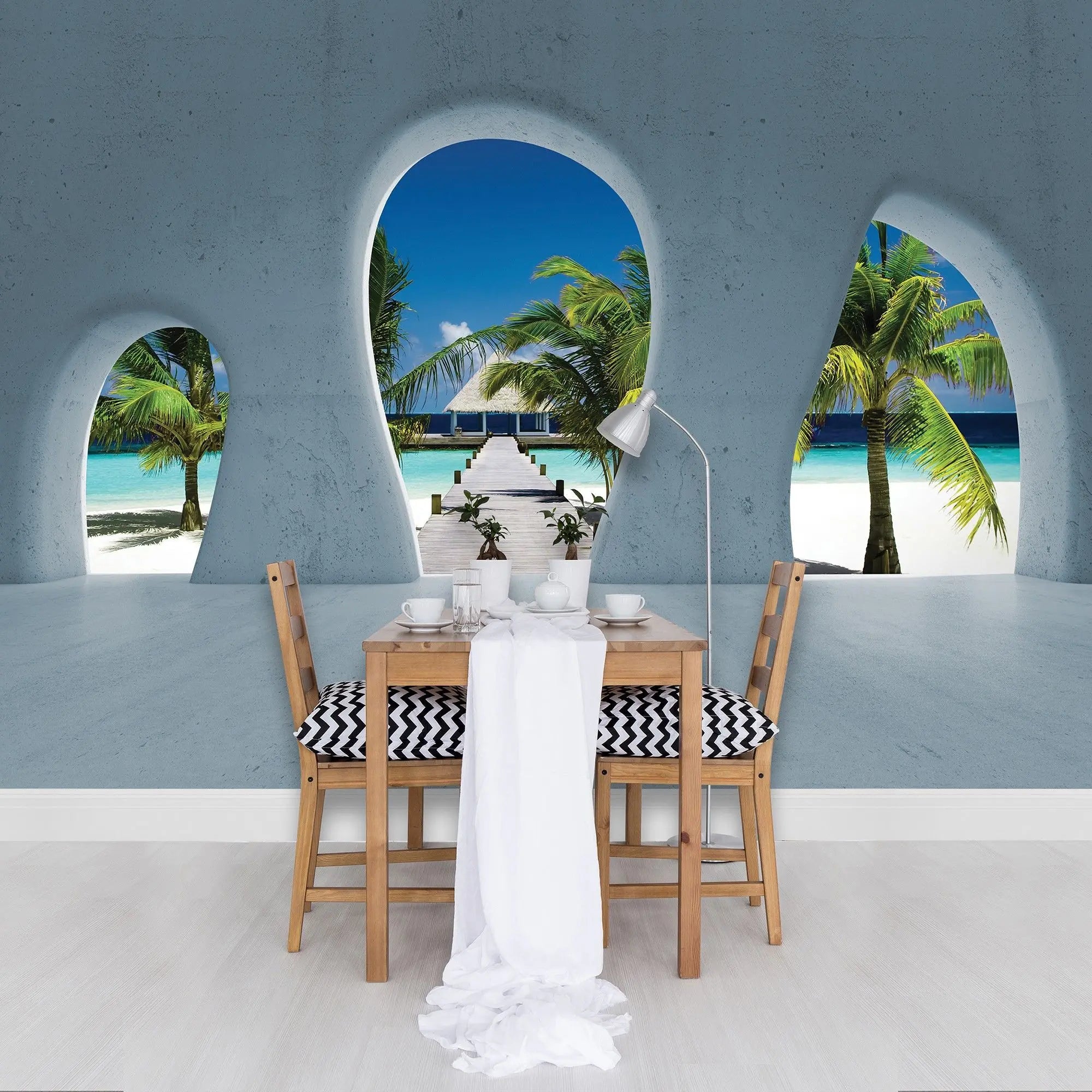 Billede 5 af Fototapet - Betonbue med udsigt til tropisk strand og palmer
