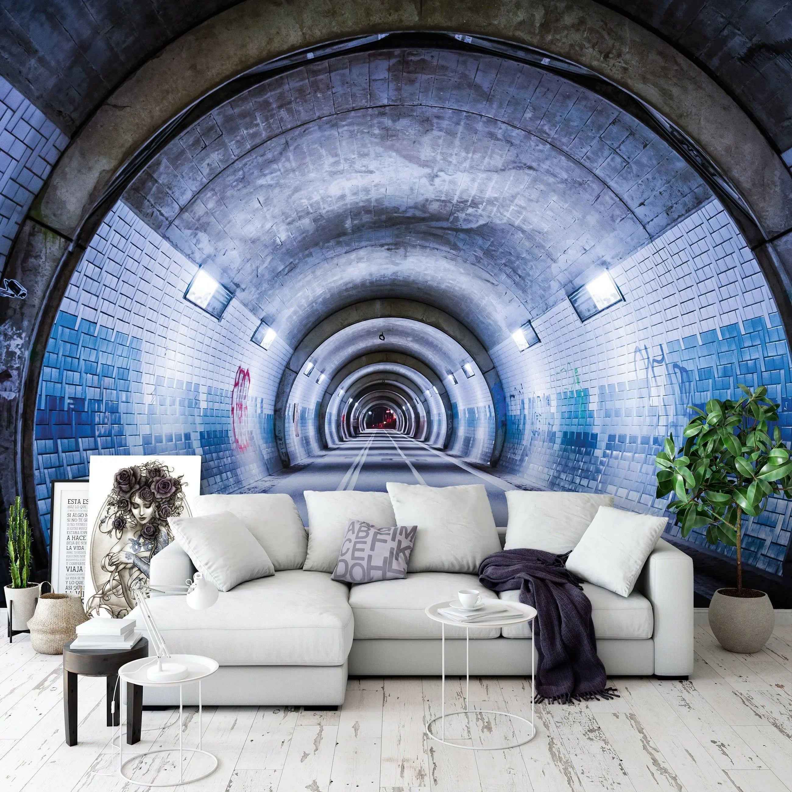 Billede 12 af Fototapet - Blå flisebelagt tunnel med lys