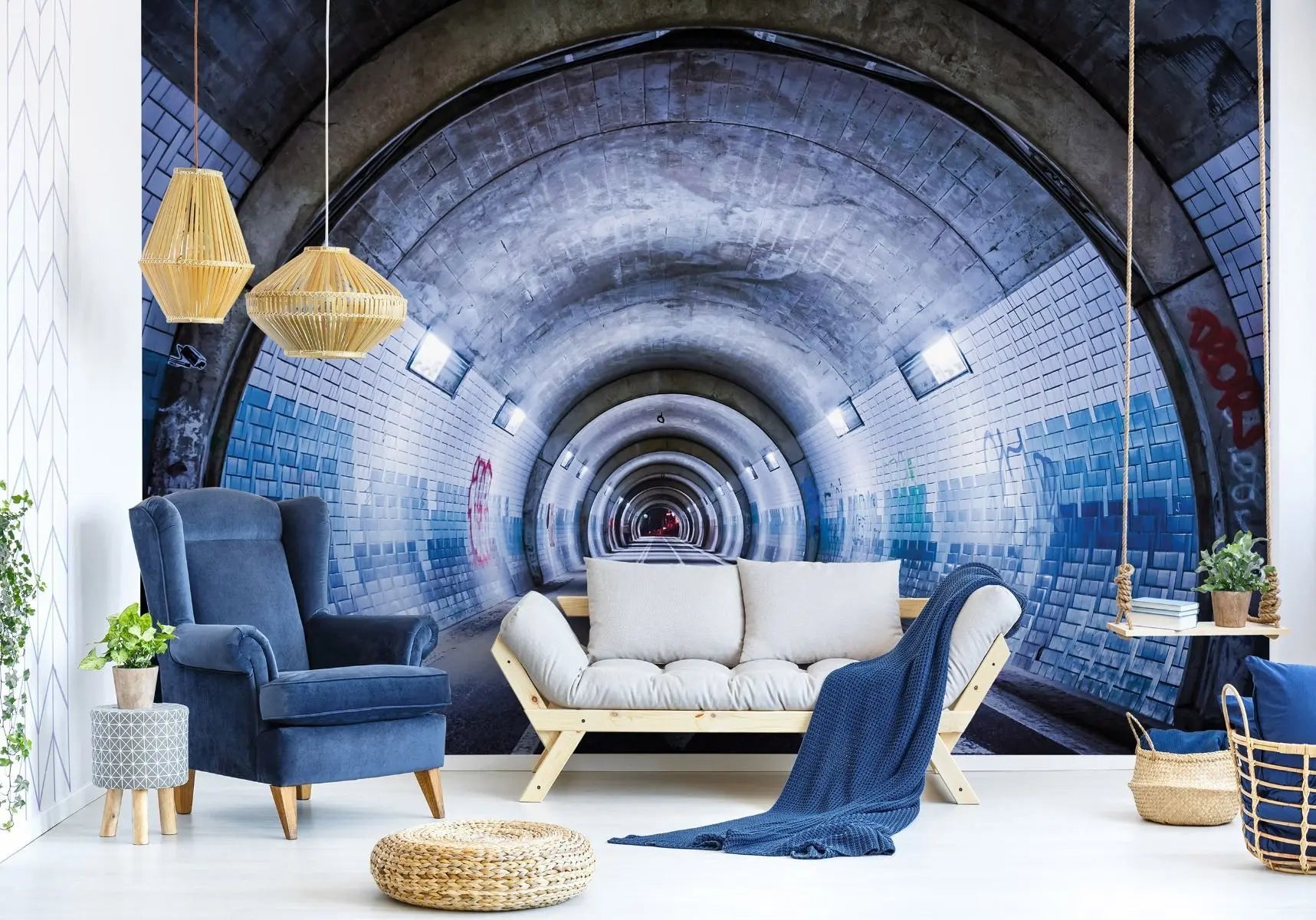 Billede 2 af Fototapet - Blå flisebelagt tunnel med lys