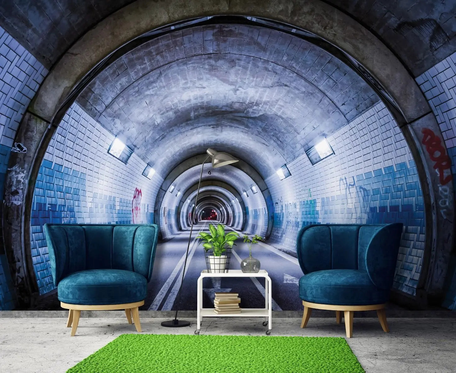 Billede 3 af Fototapet - Blå flisebelagt tunnel med lys