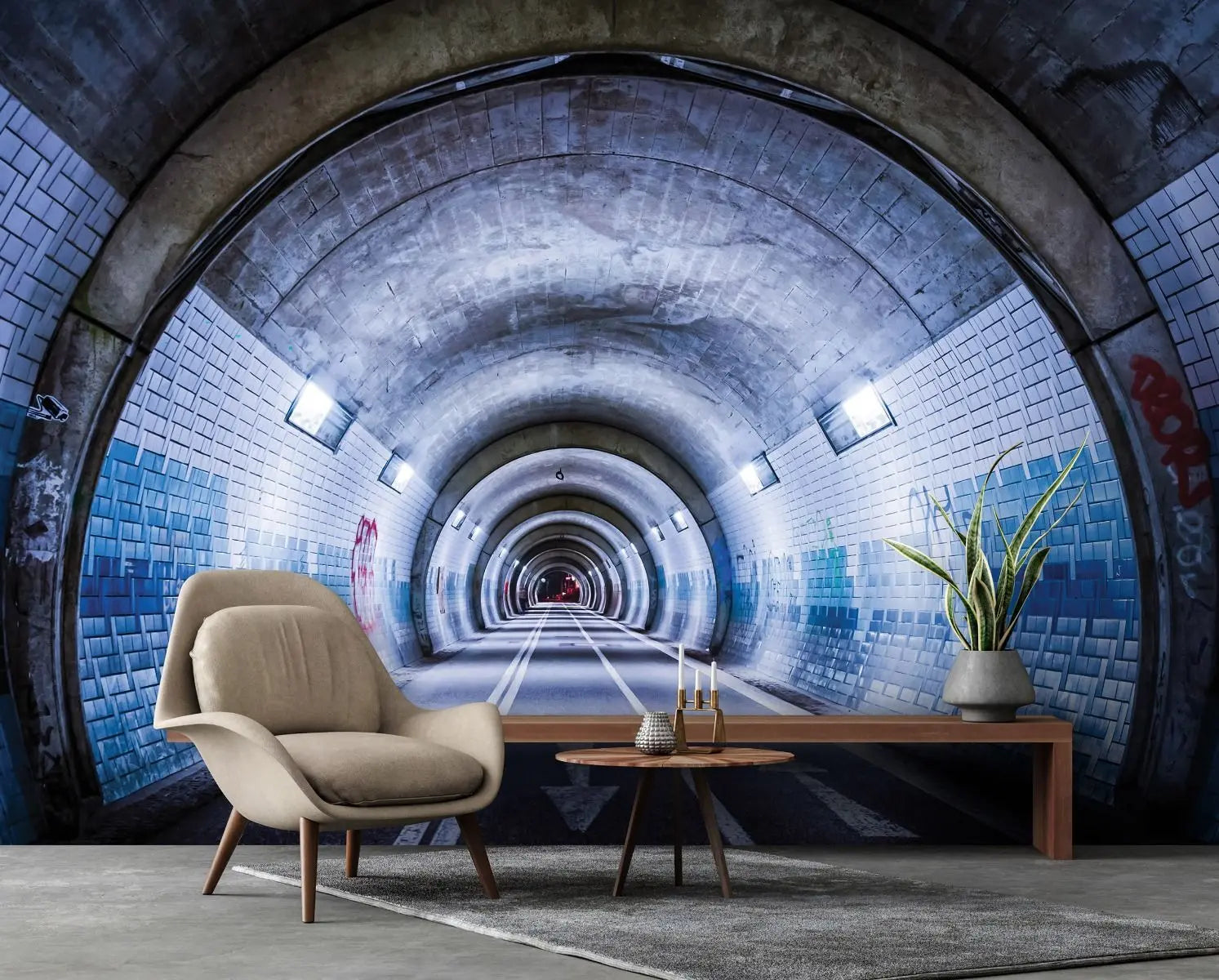 Billede 4 af Fototapet - Blå flisebelagt tunnel med lys