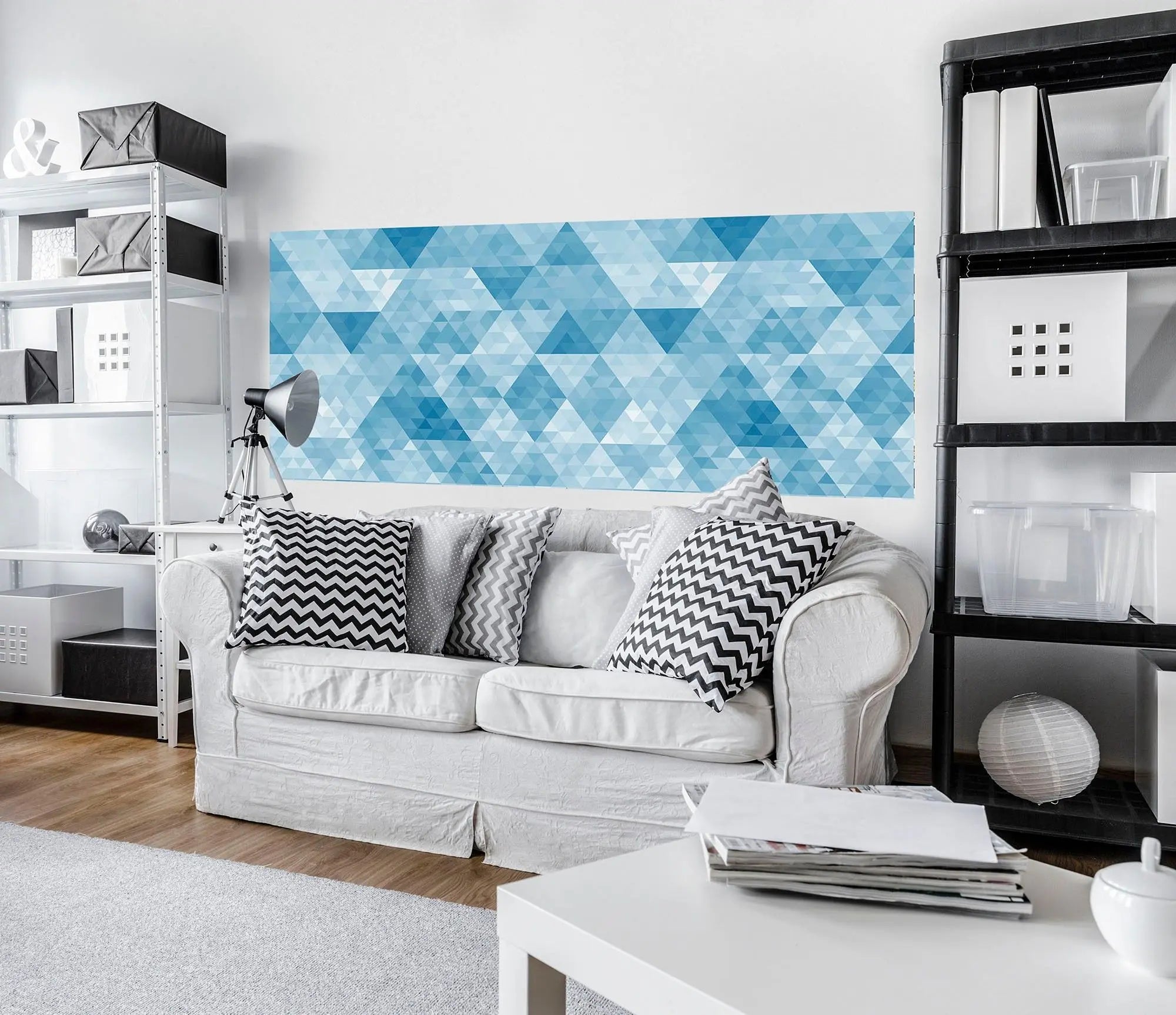 Billede 3 af Fototapet - Blå geometrisk mønster med trekanter