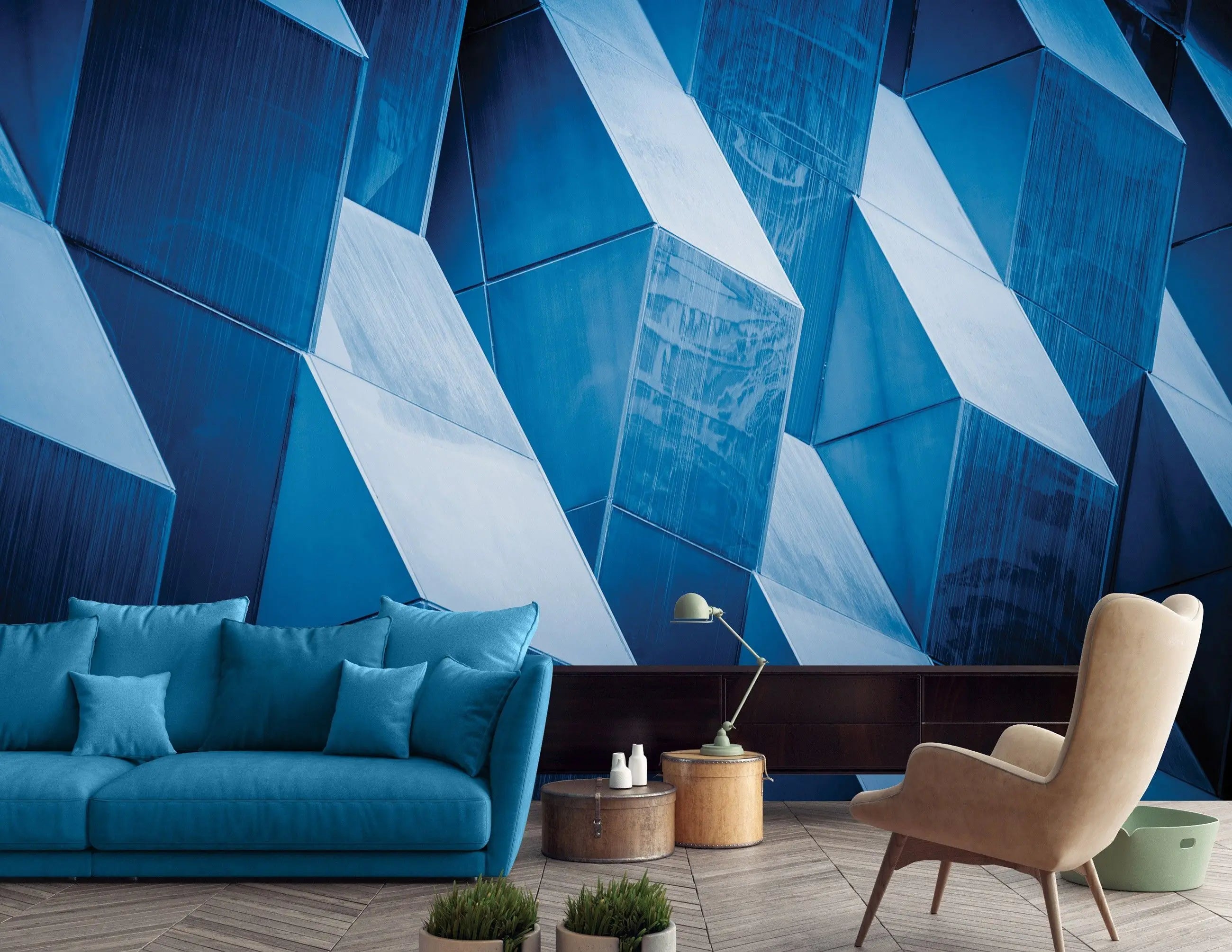 Billede 3 af Fototapet - Blå geometriske metalpaneler