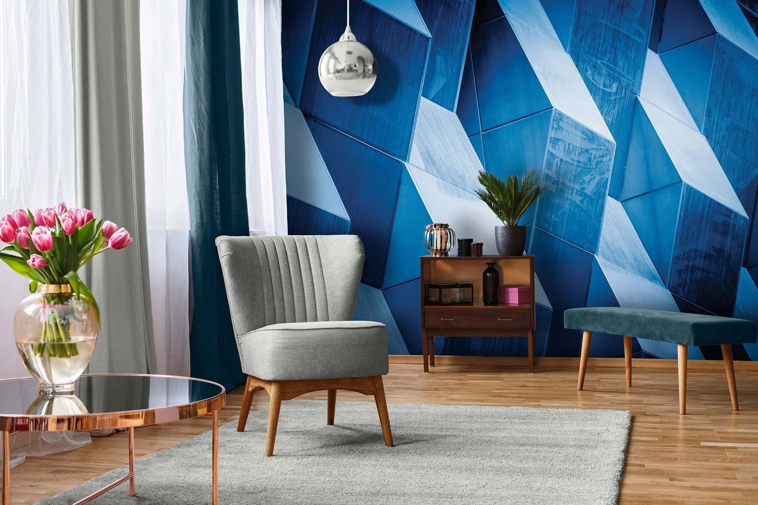 Billede 4 af Fototapet - Blå geometriske metalpaneler