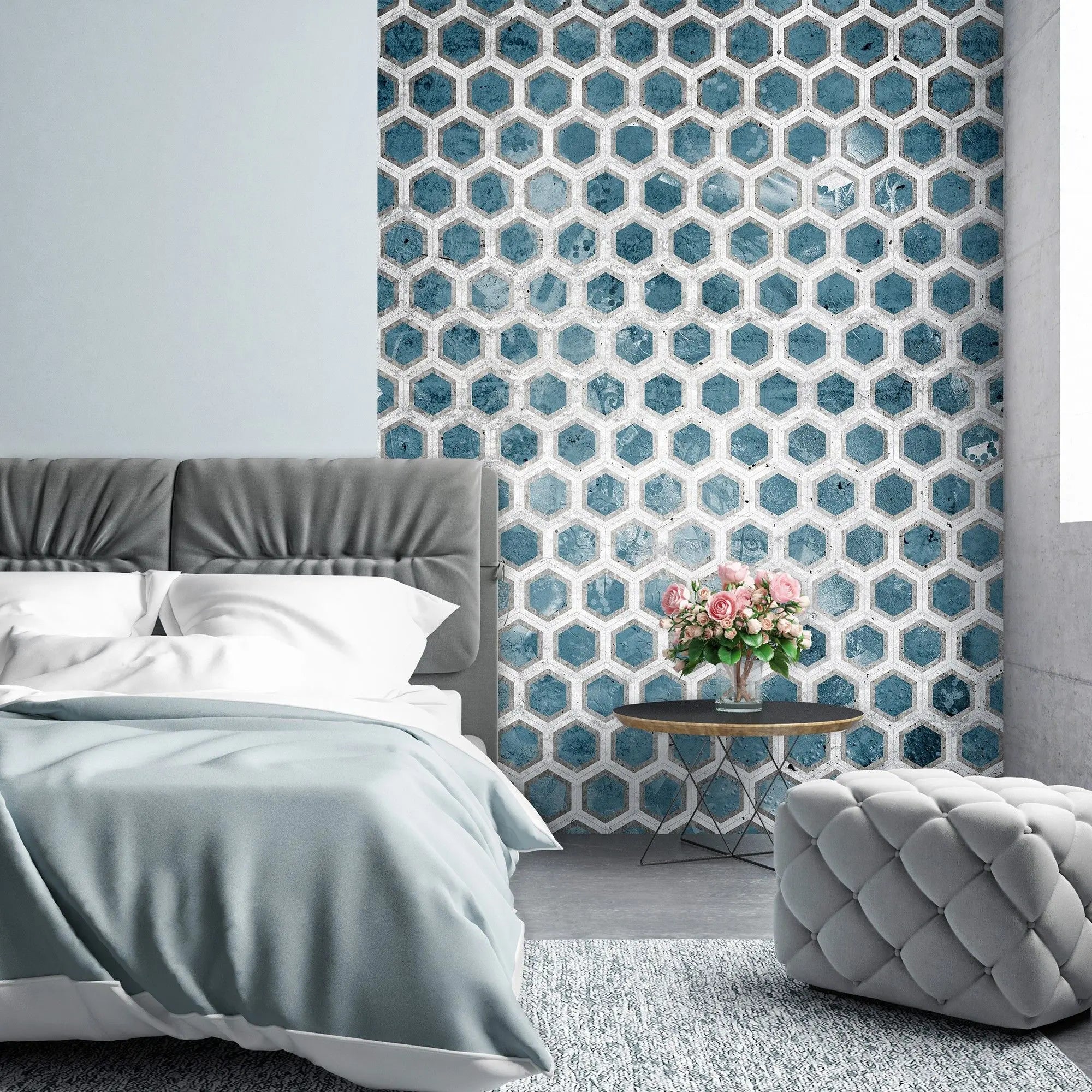 Billede 11 af Fototapet - Blå-hvide sekskantede fliser