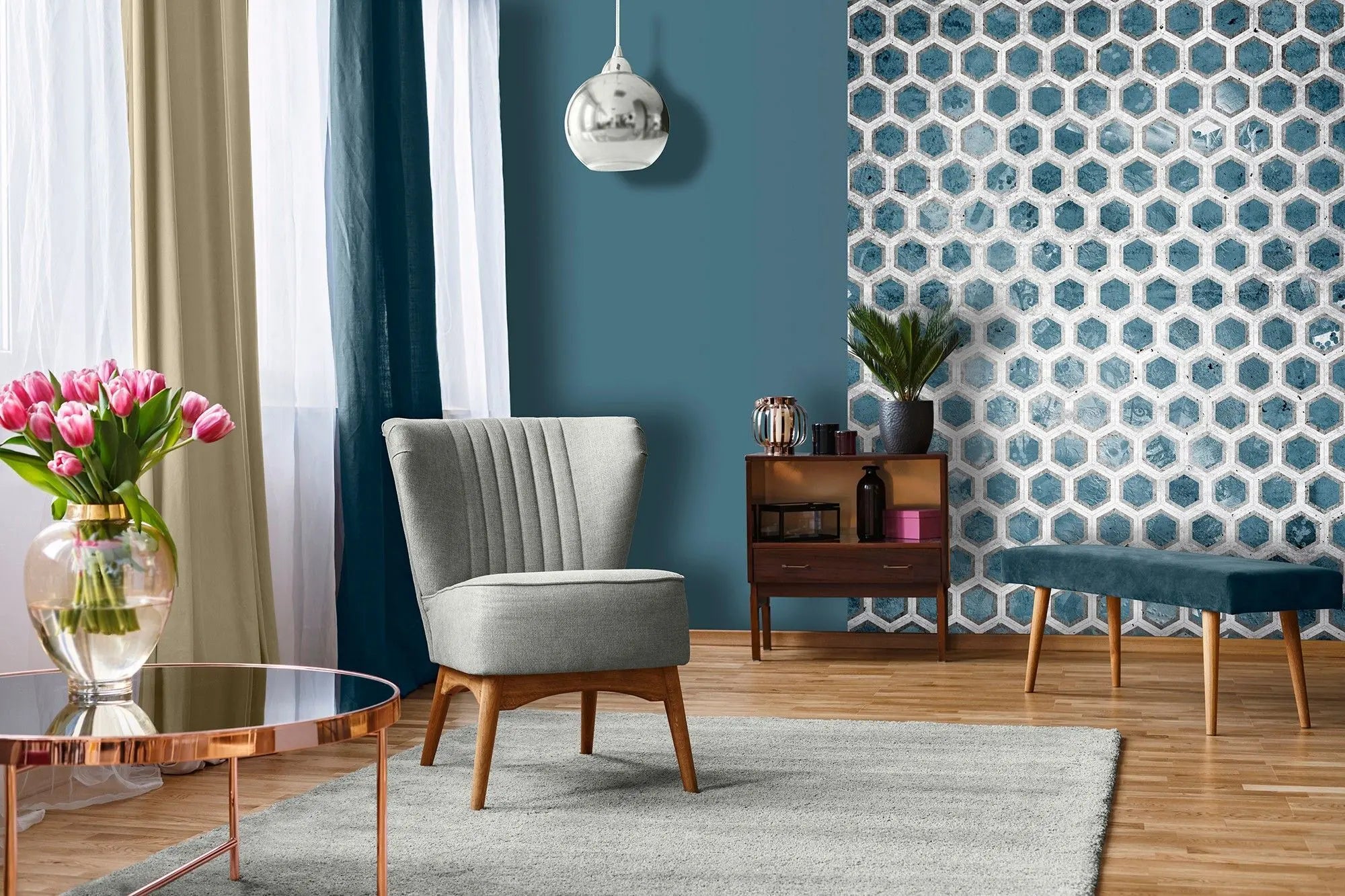 Billede 13 af Fototapet - Blå-hvide sekskantede fliser