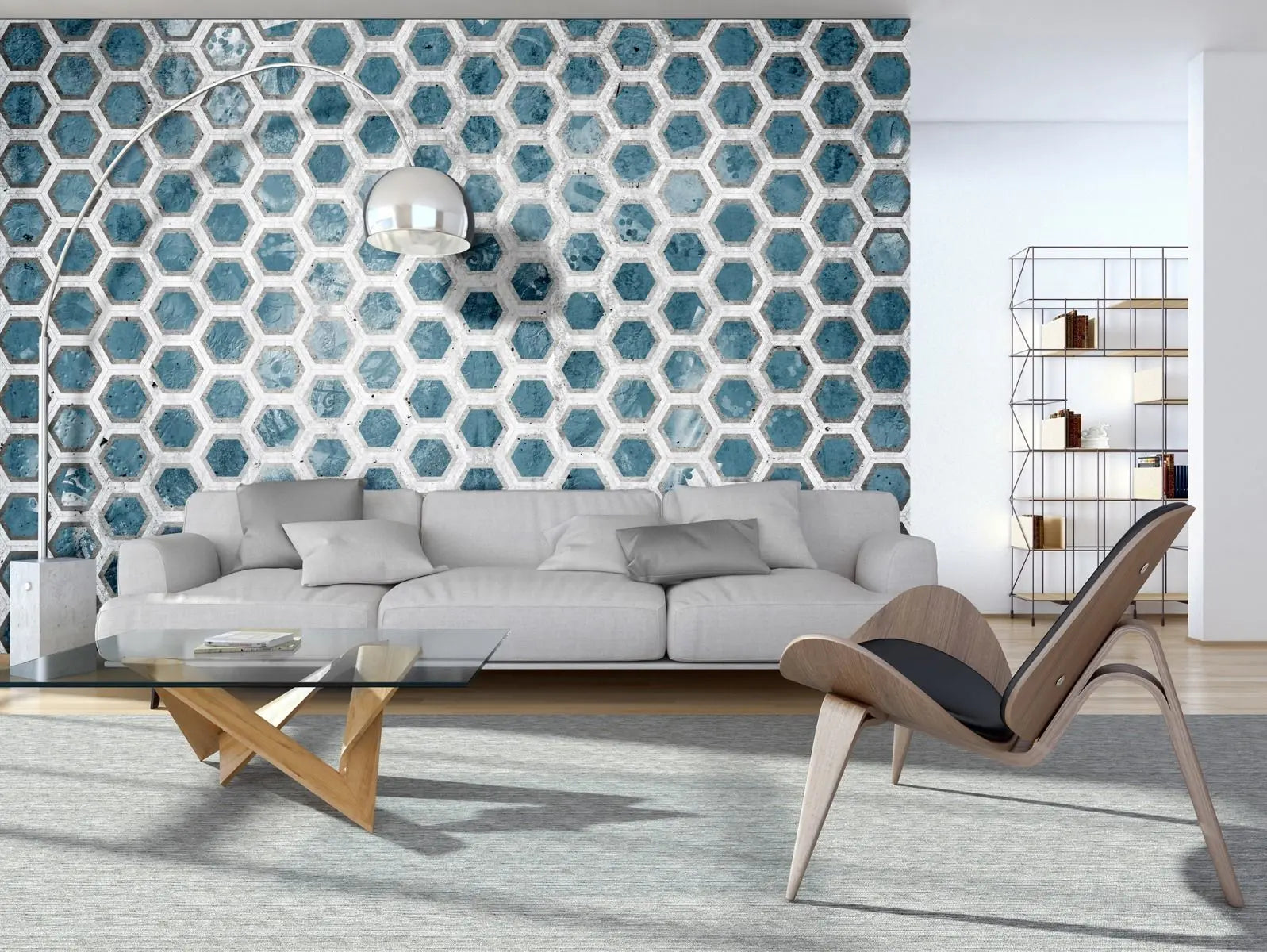 Billede 3 af Fototapet - Blå-hvide sekskantede fliser