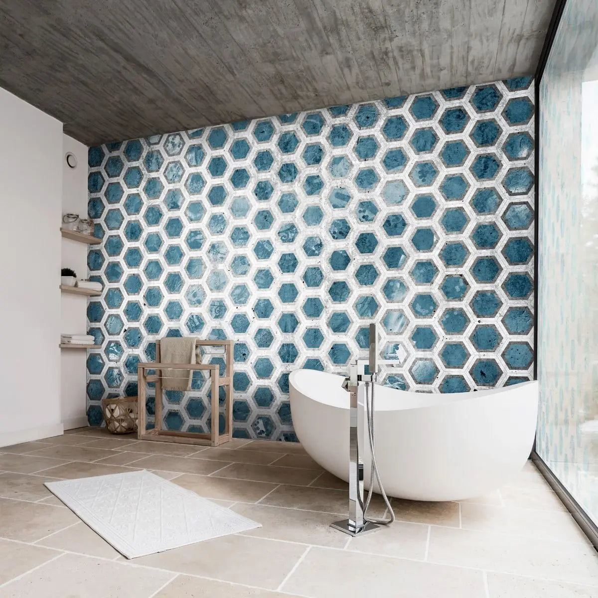 Billede 4 af Fototapet - Blå-hvide sekskantede fliser