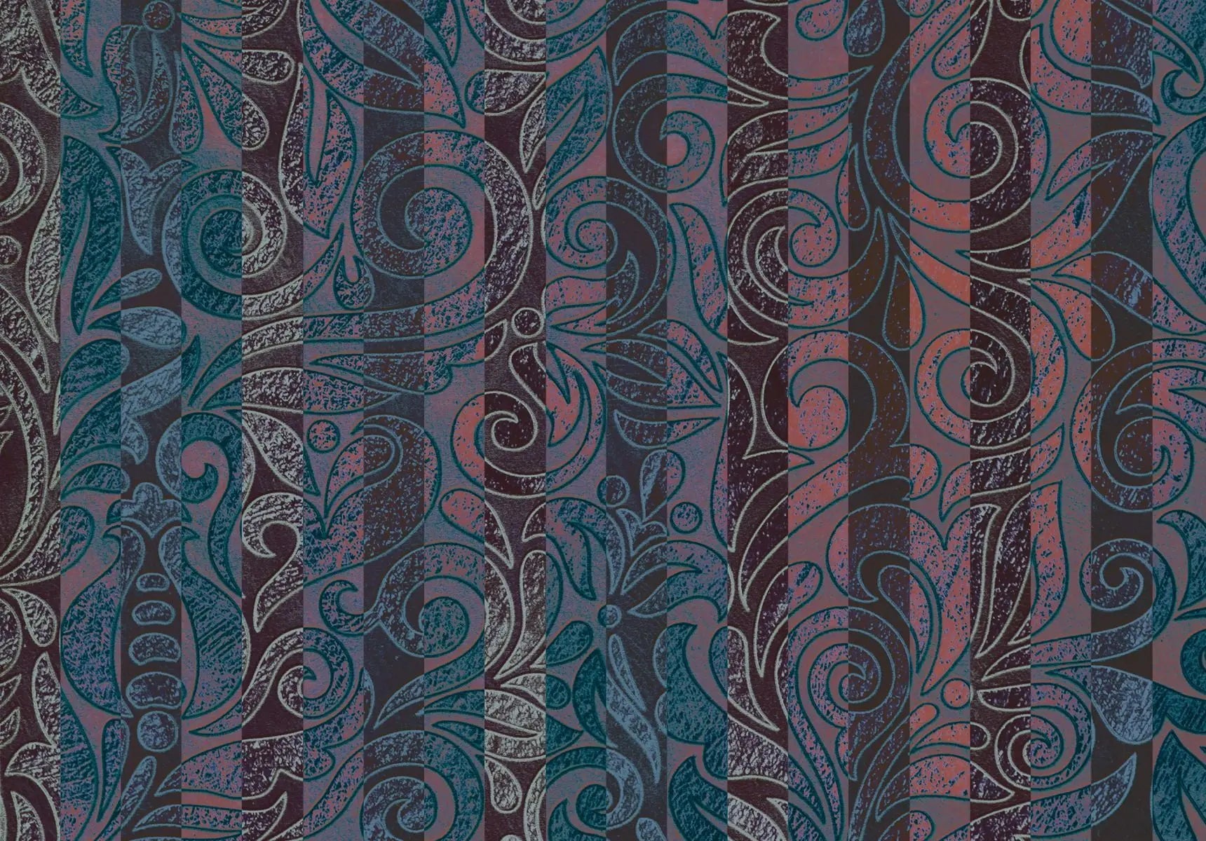 Billede 1 af Fototapet - Blå og røde vertikale striber med snoet bladmønster