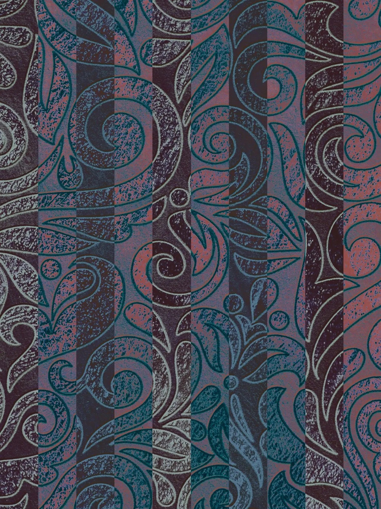 Billede 16 af Fototapet - Blå og røde vertikale striber med snoet bladmønster