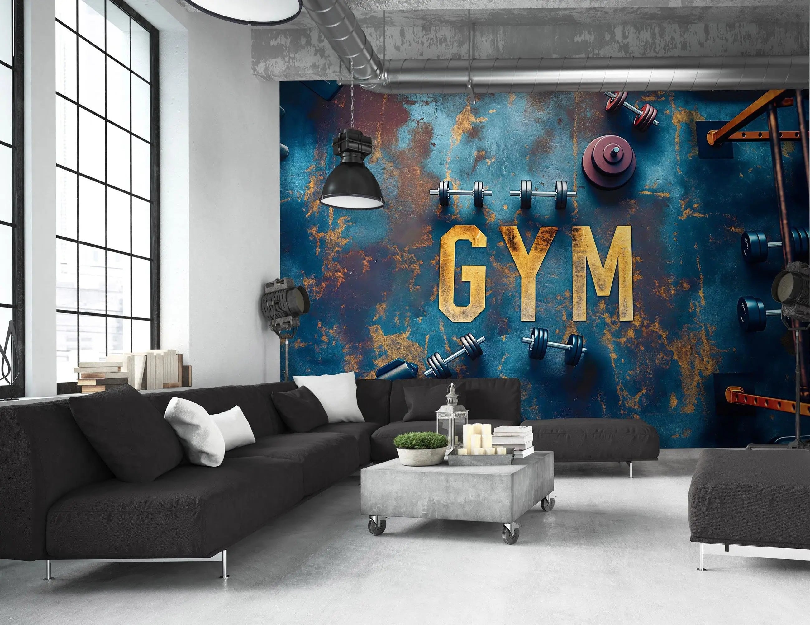 Billede 5 af Fototapet - Blå rusten overflade med gule bogstaver GYM og håndvægte