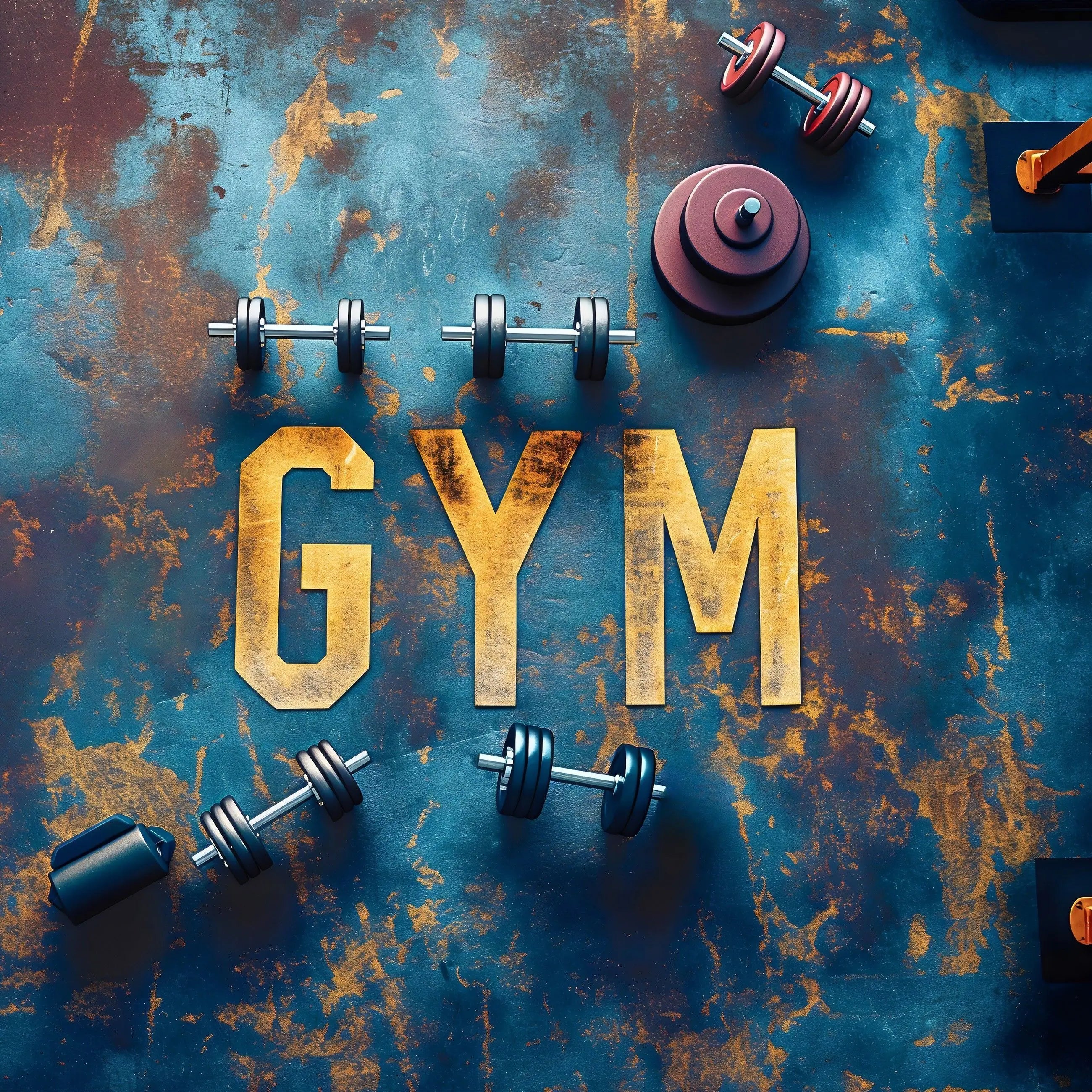 Billede 7 af Fototapet - Blå rusten overflade med gule bogstaver GYM og håndvægte