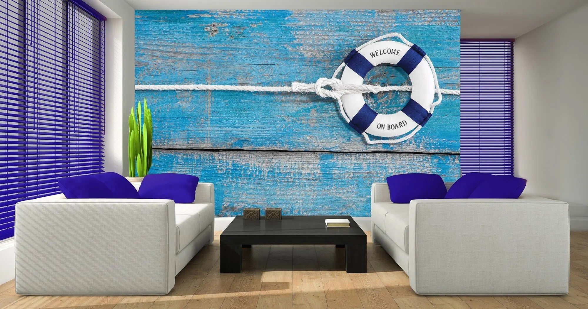 Billede 2 af Fototapet - Blå trævæg med hvid og blå redningskrans