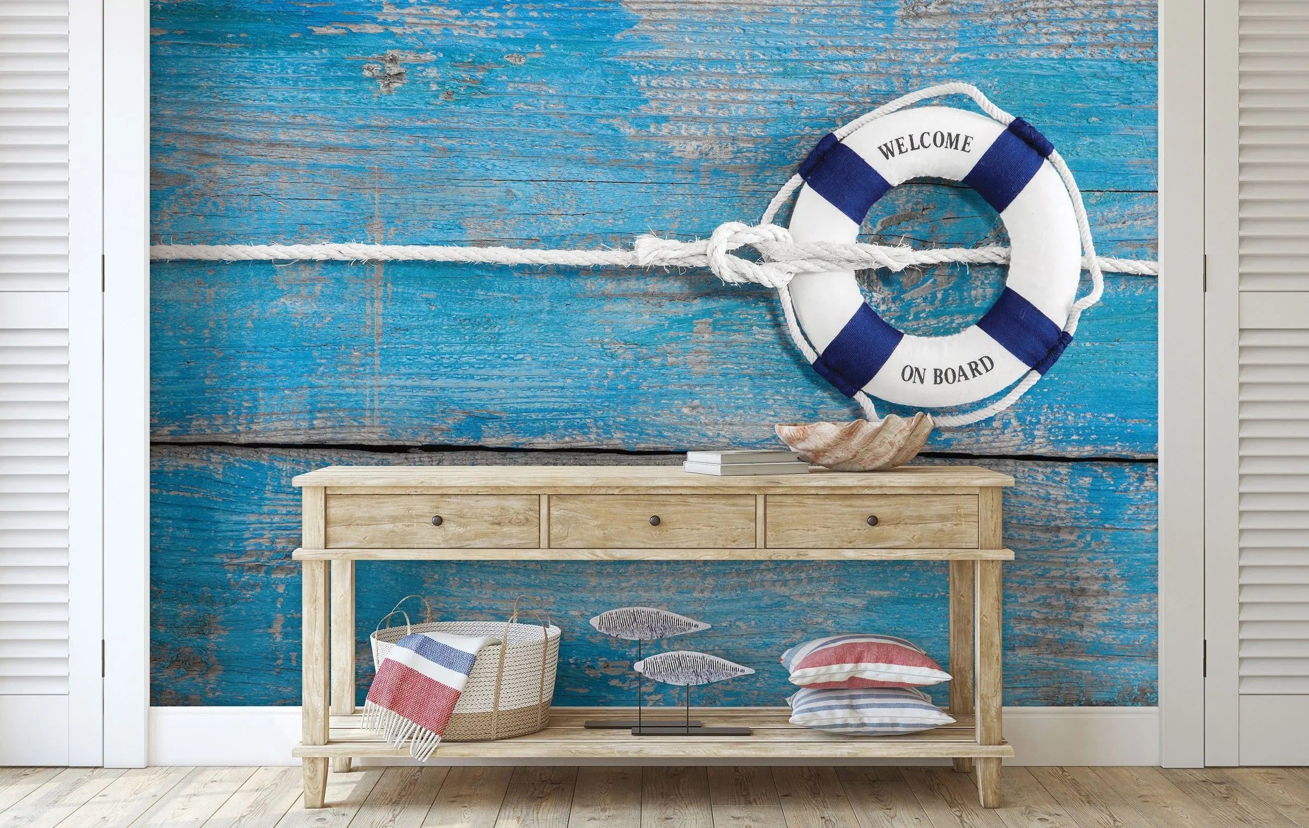 Billede 4 af Fototapet - Blå trævæg med hvid og blå redningskrans